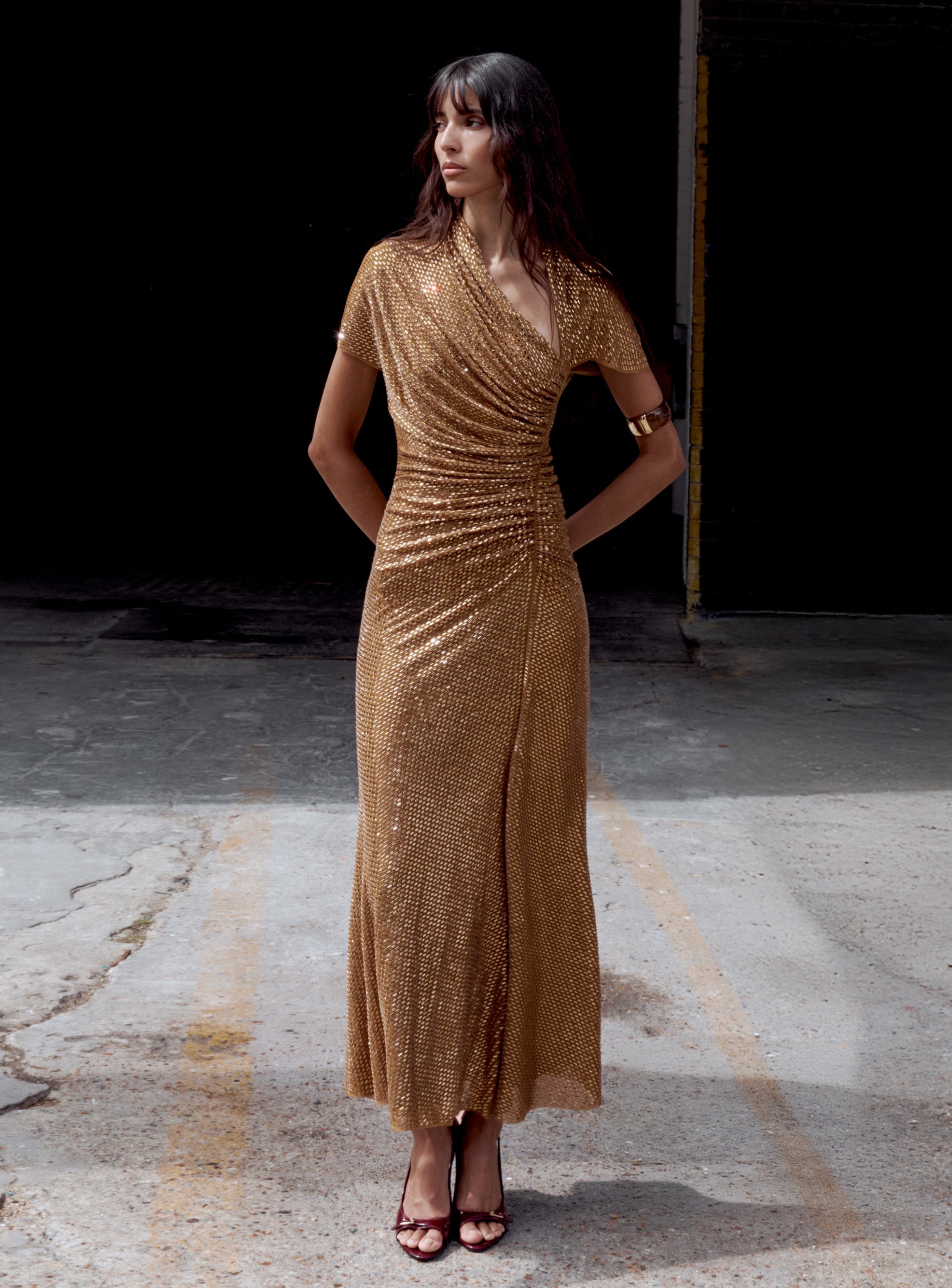 Gold Rhinestone Drape Midi Dress