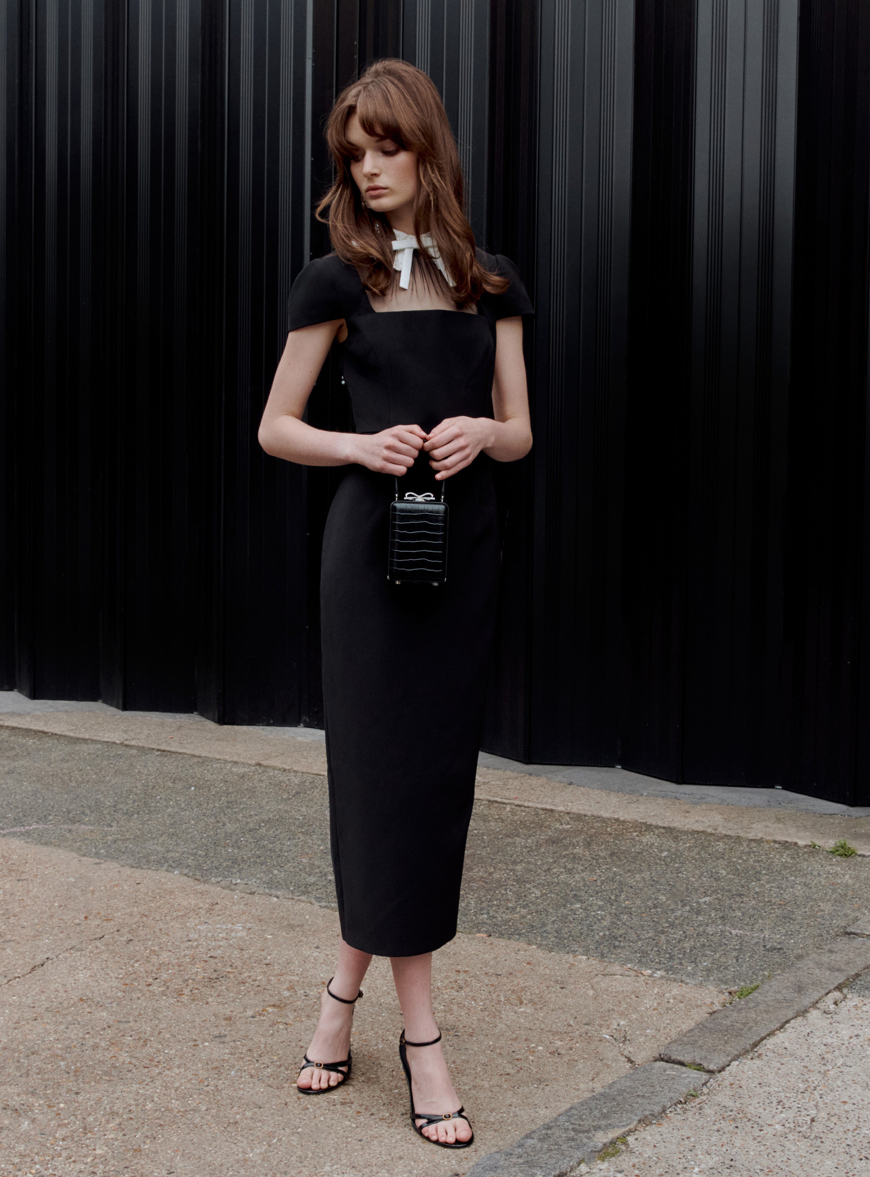 Black Crepe Bow Collar Midi Dress – self-portrait-US