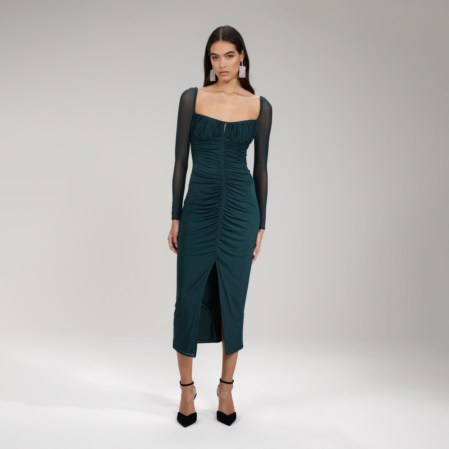 Dark Green Powermesh Ruched Midi Dress