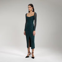 Dark Green Powermesh Ruched Midi Dress