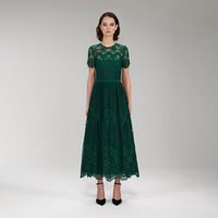 Dark Green Floral Guipure Midi Dress