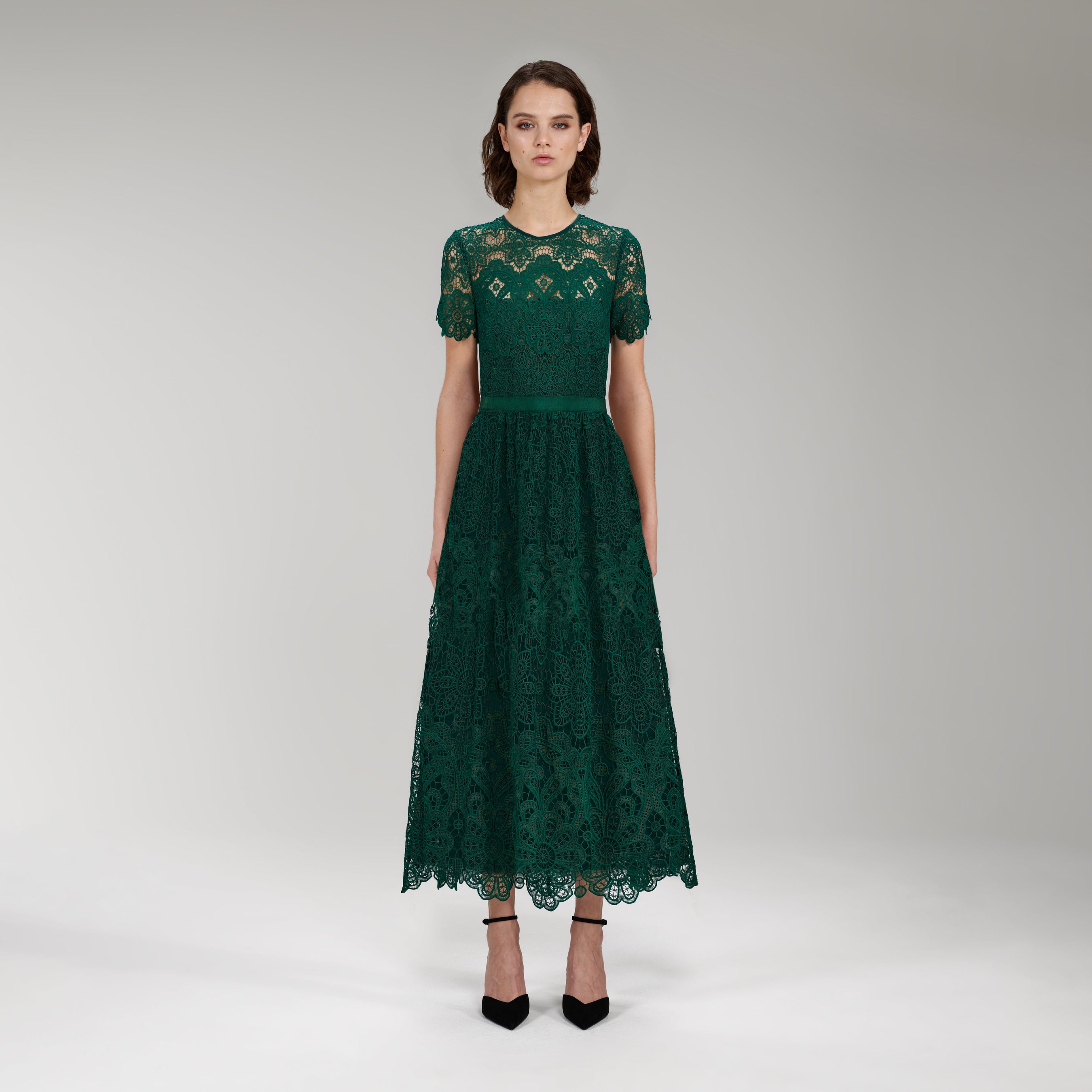 Dark Green Floral Guipure Midi Dress