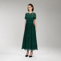 Dark Green Floral Guipure Midi Dress