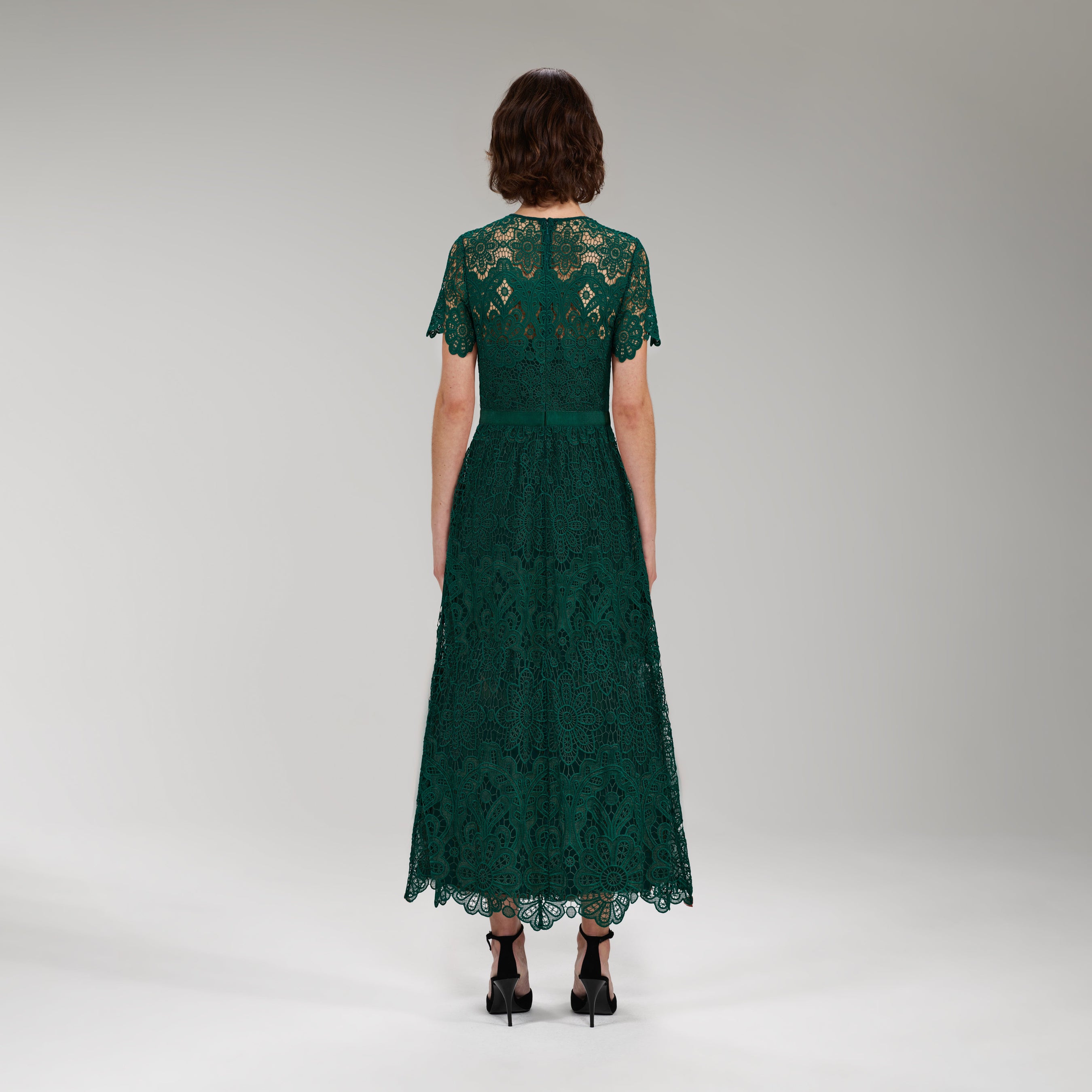 Dark Green Floral Guipure Midi Dress