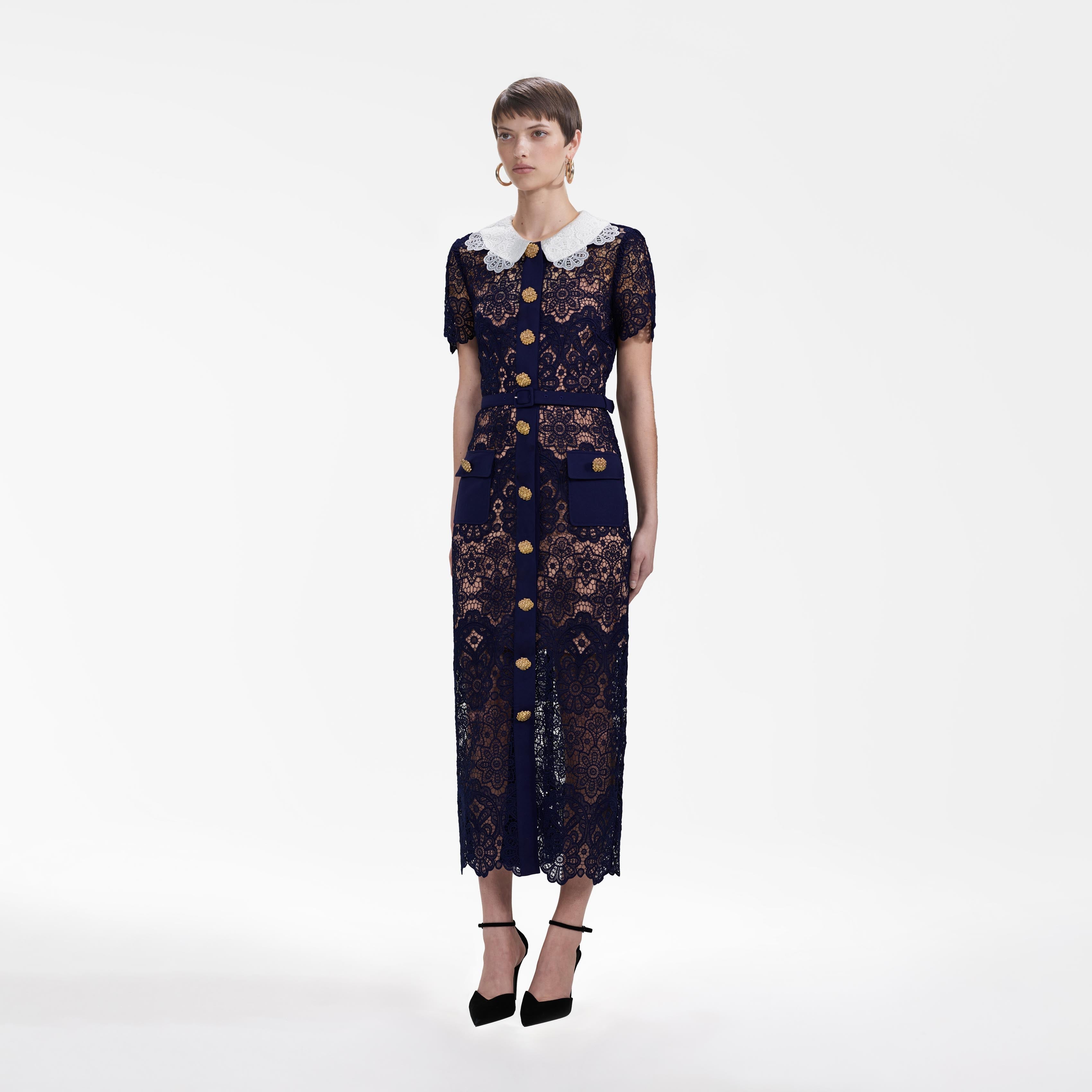 Navy Floral Guipure Midi Dress – self-portrait-US