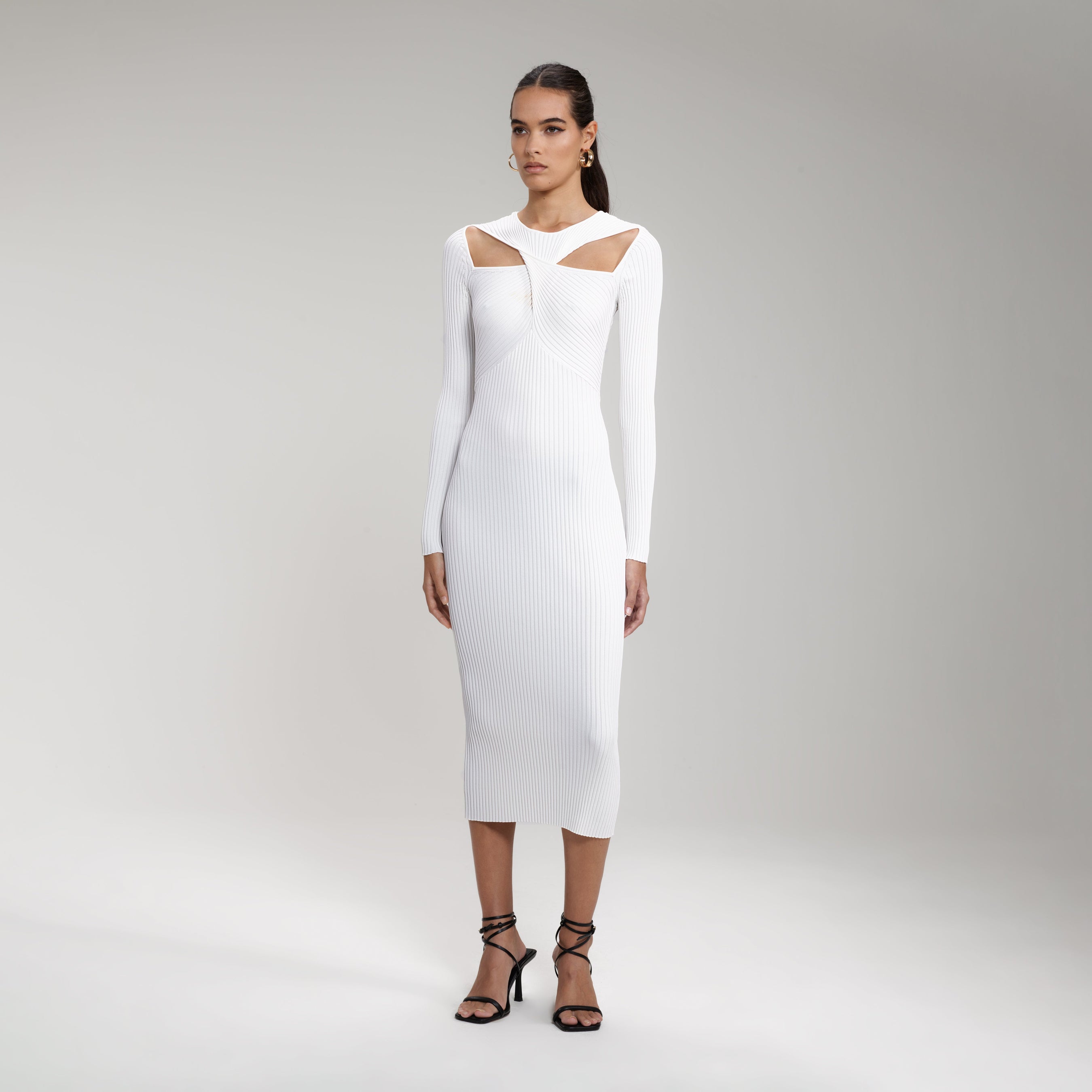 White Ribbed Knit Cut Out Midi Dress