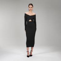 Black Ribbed Knit Crossover Bust Midi Dress