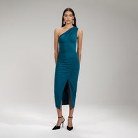 Green Jersey One Shoulder Ruched Midi Dress