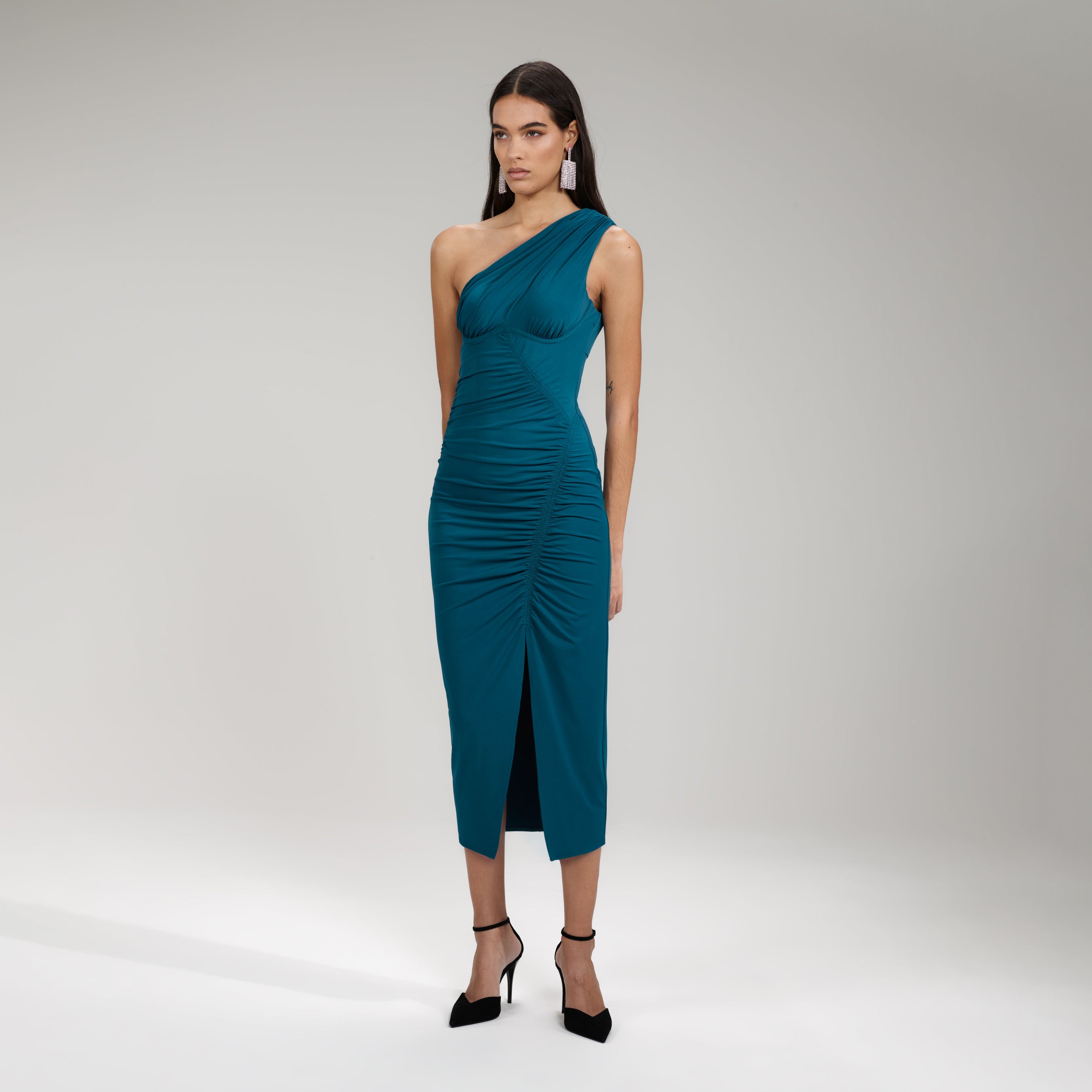 Green Jersey One Shoulder Ruched Midi Dress