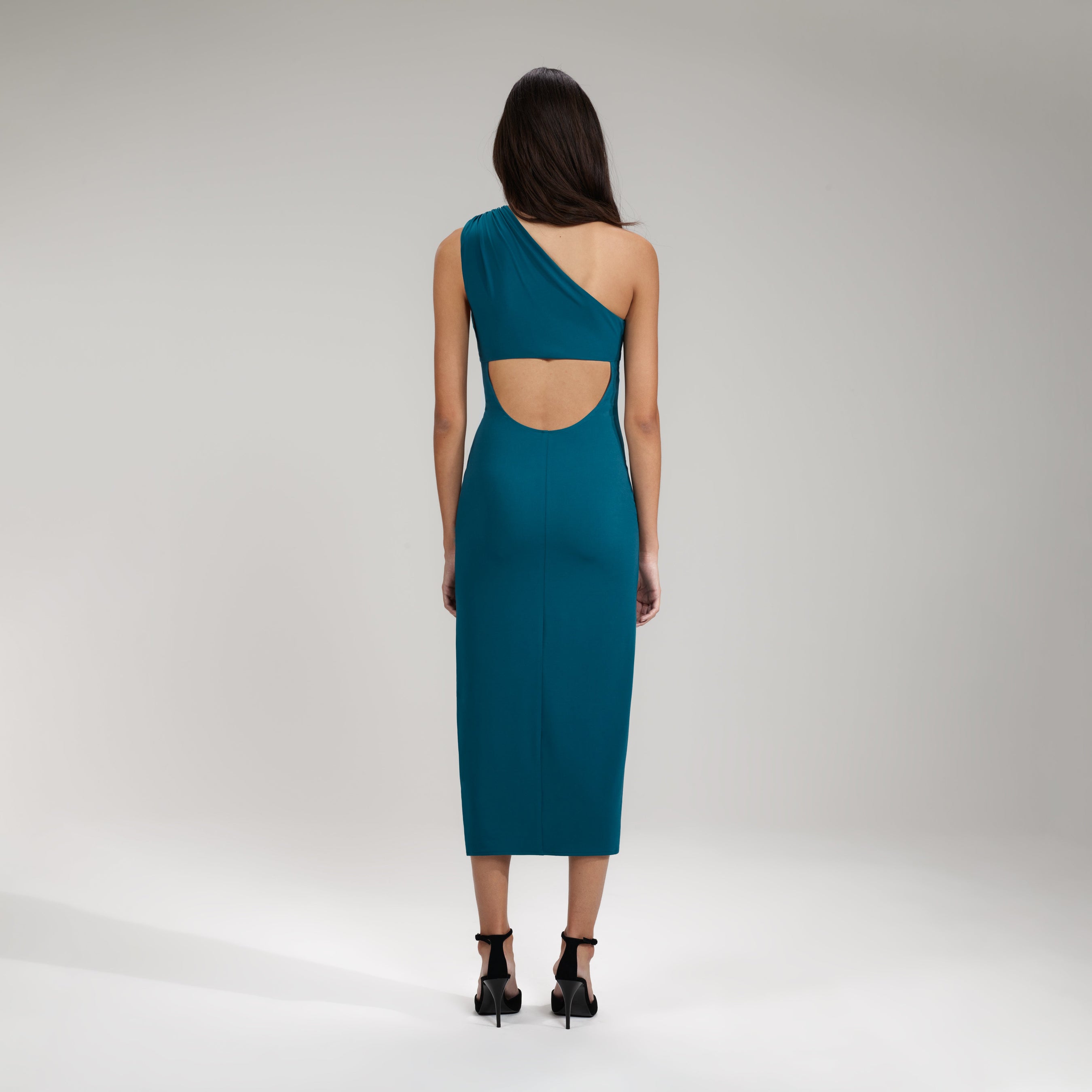 Green Jersey One Shoulder Ruched Midi Dress