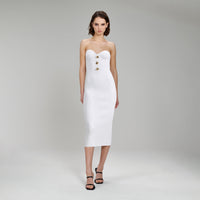 White Strapless Ribbed Knit Midi Dress