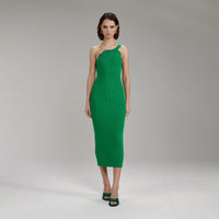 Bright Green One Shoulder Ribbed Knit Midi Dress