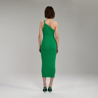 Bright Green One Shoulder Ribbed Knit Midi Dress