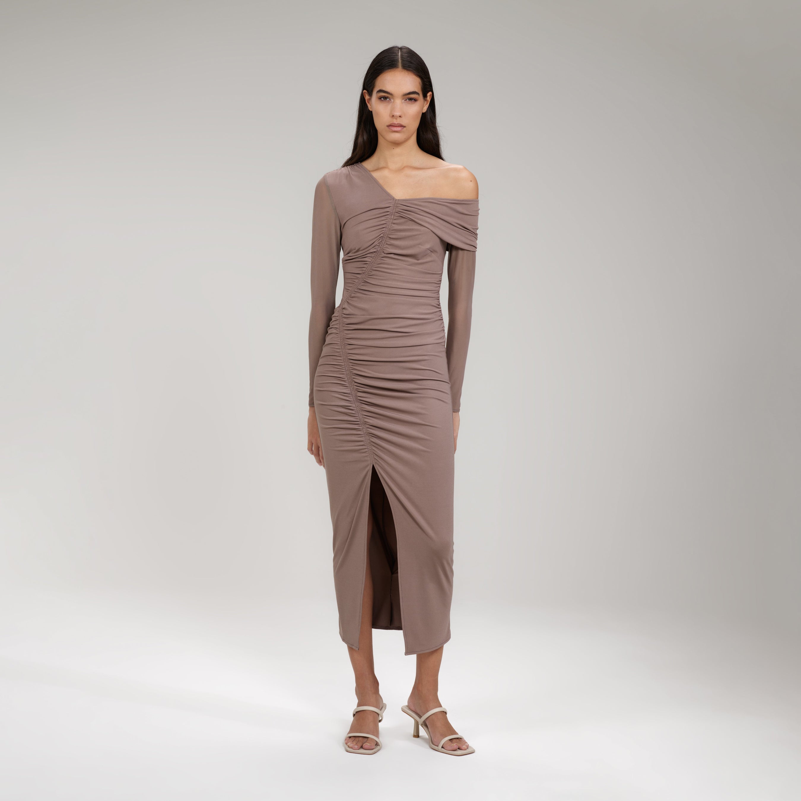 Taupe Jersey One Shoulder Ruched Midi Dress