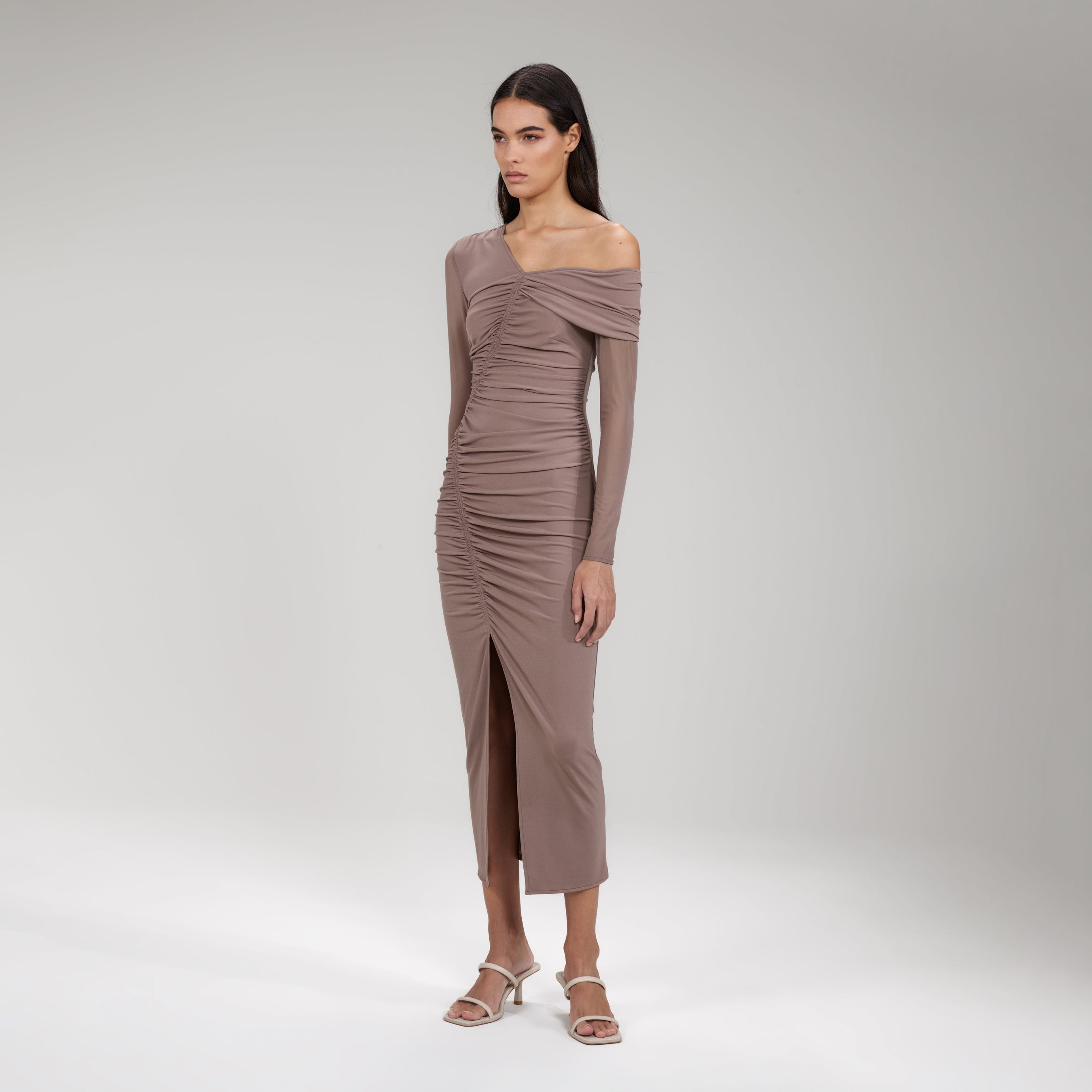 Taupe Jersey One Shoulder Ruched Midi Dress