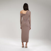 Taupe Jersey One Shoulder Ruched Midi Dress