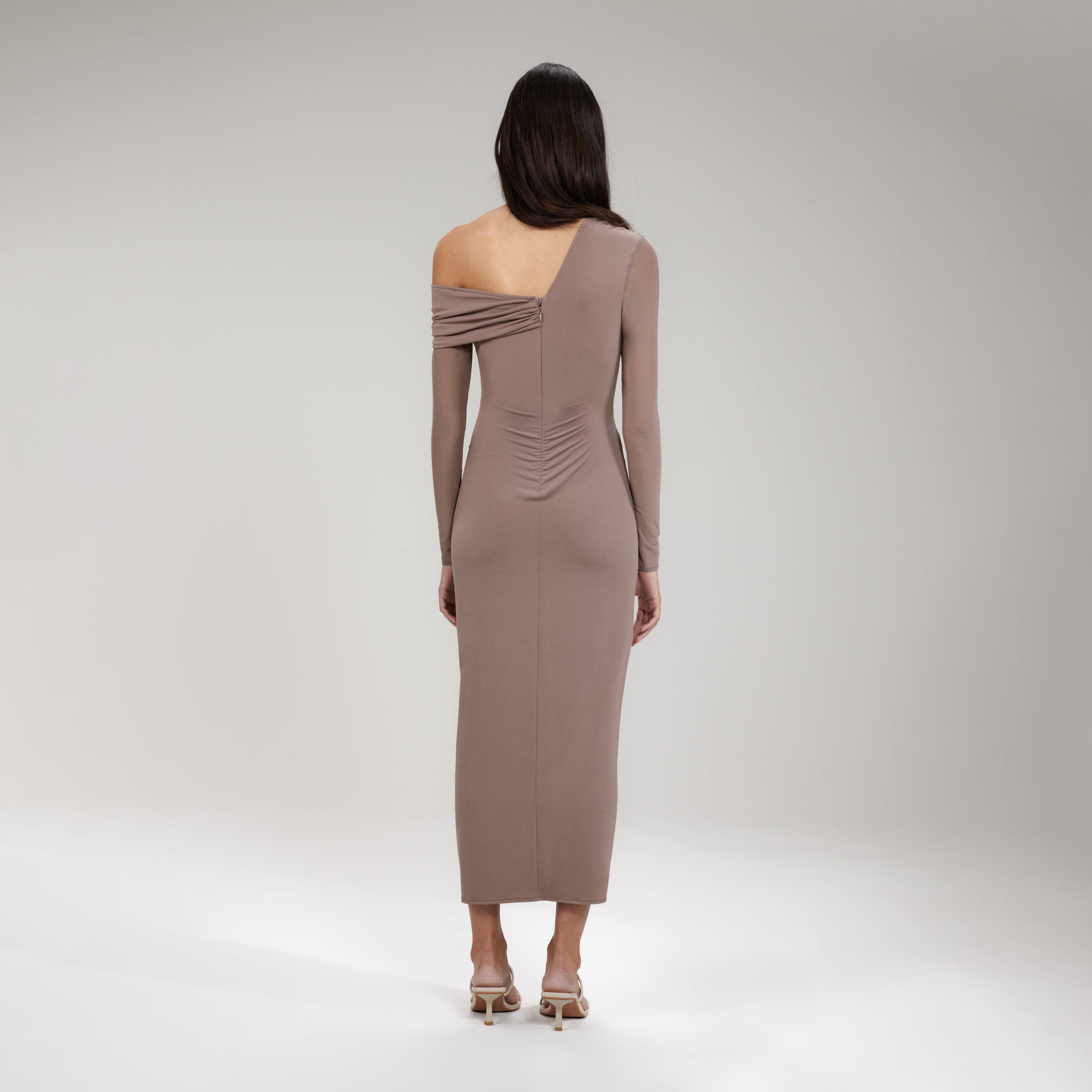 Taupe Jersey One Shoulder Ruched Midi Dress