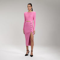 Pink Viscose Ribbed Knit Midi Dress