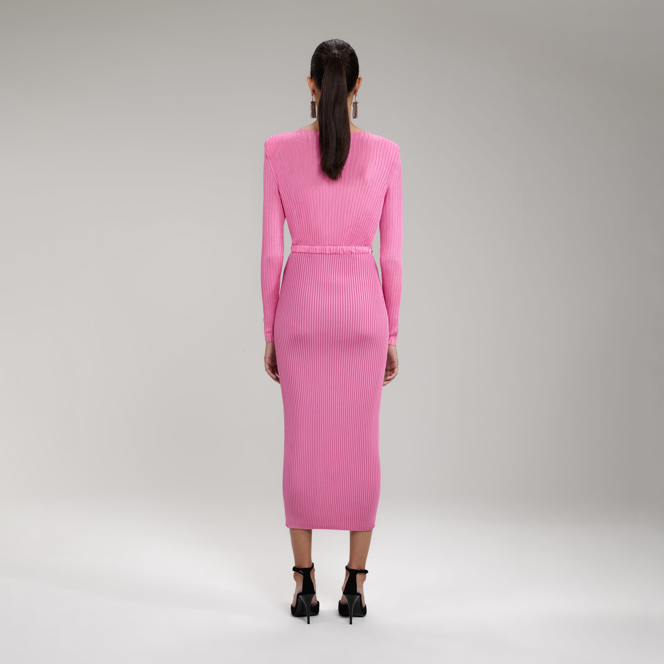 Pink Viscose Ribbed Knit Midi Dress