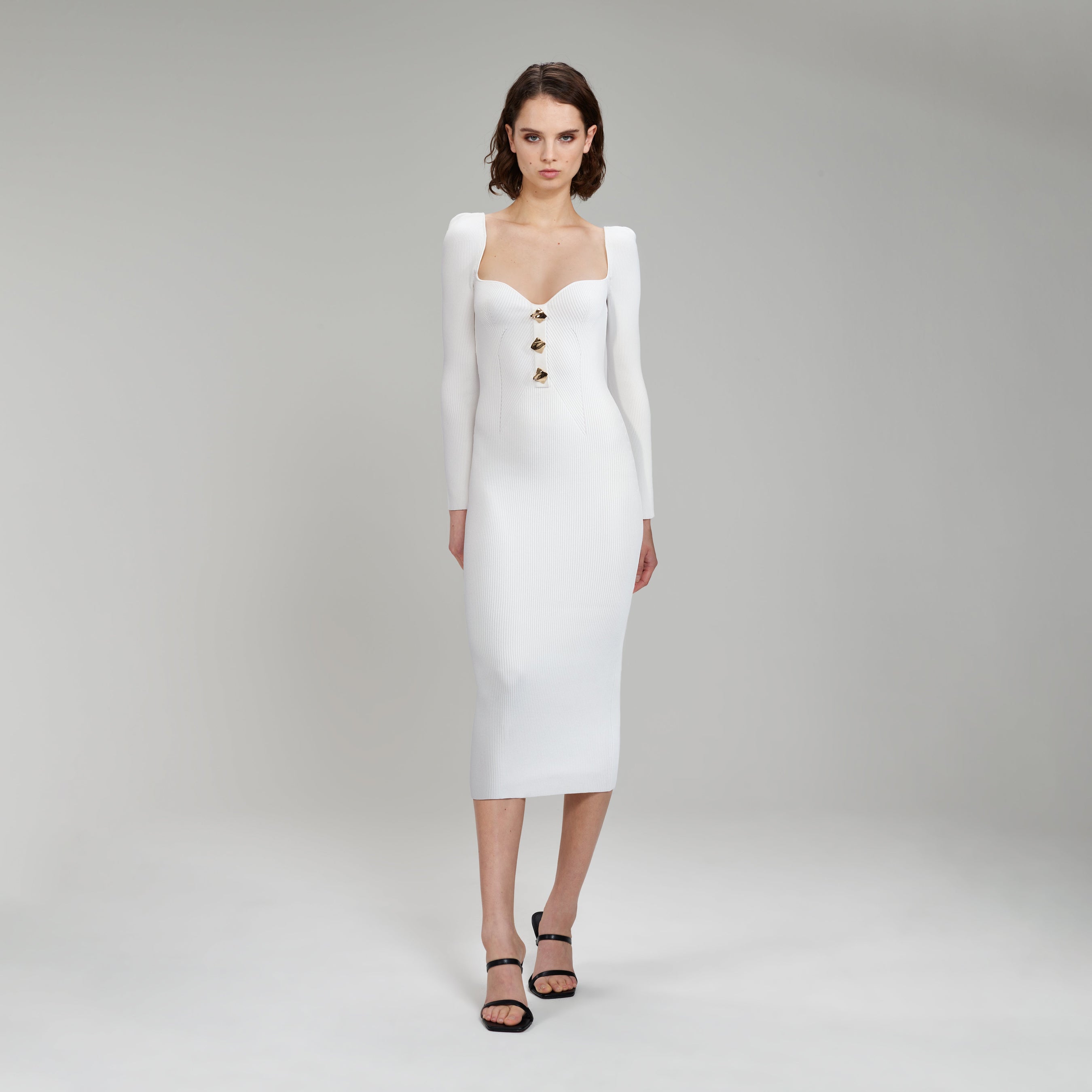 White Long Sleeve Ribbed Knit Midi Dress