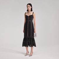 Black Cord Lace Insert Midi Dress