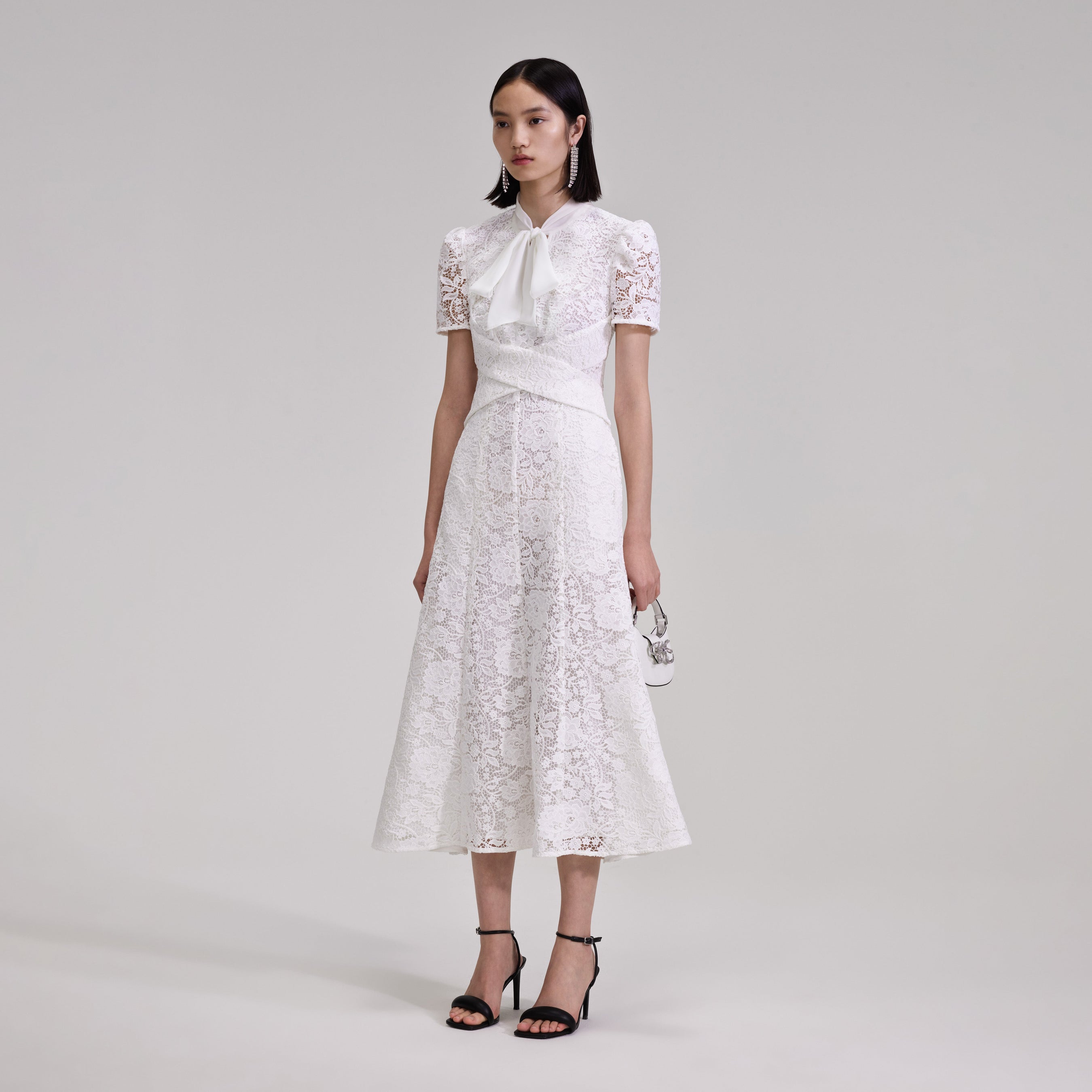 White Cord Lace Crossover Midi Dress