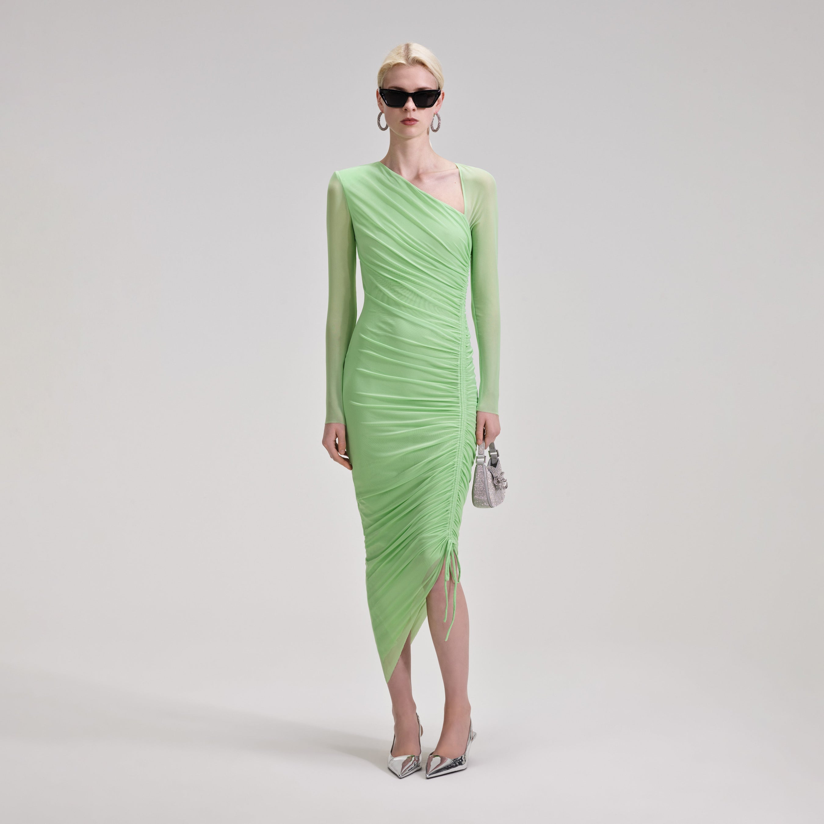 Green Mesh Ruched Midi Dress