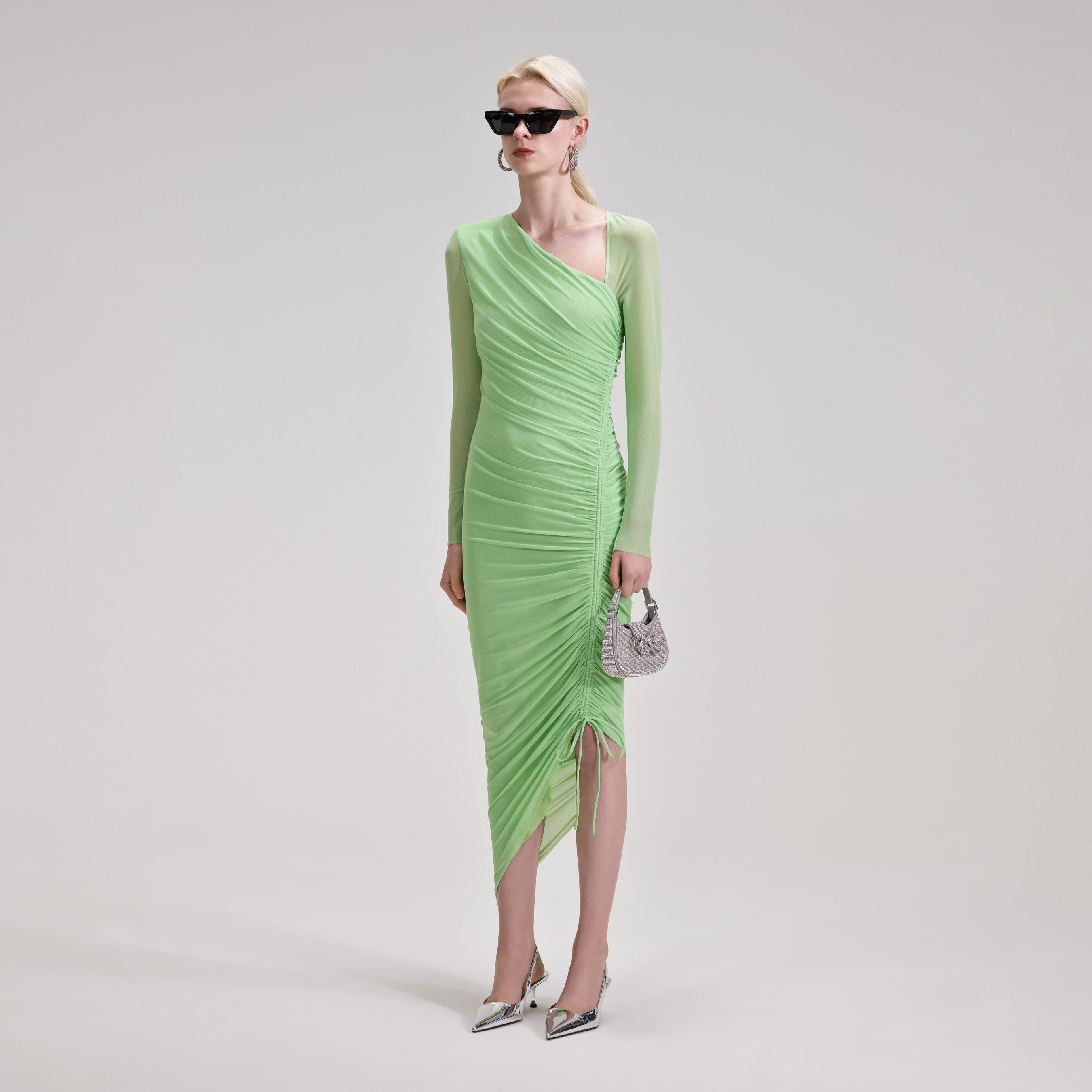 Green Mesh Ruched Midi Dress