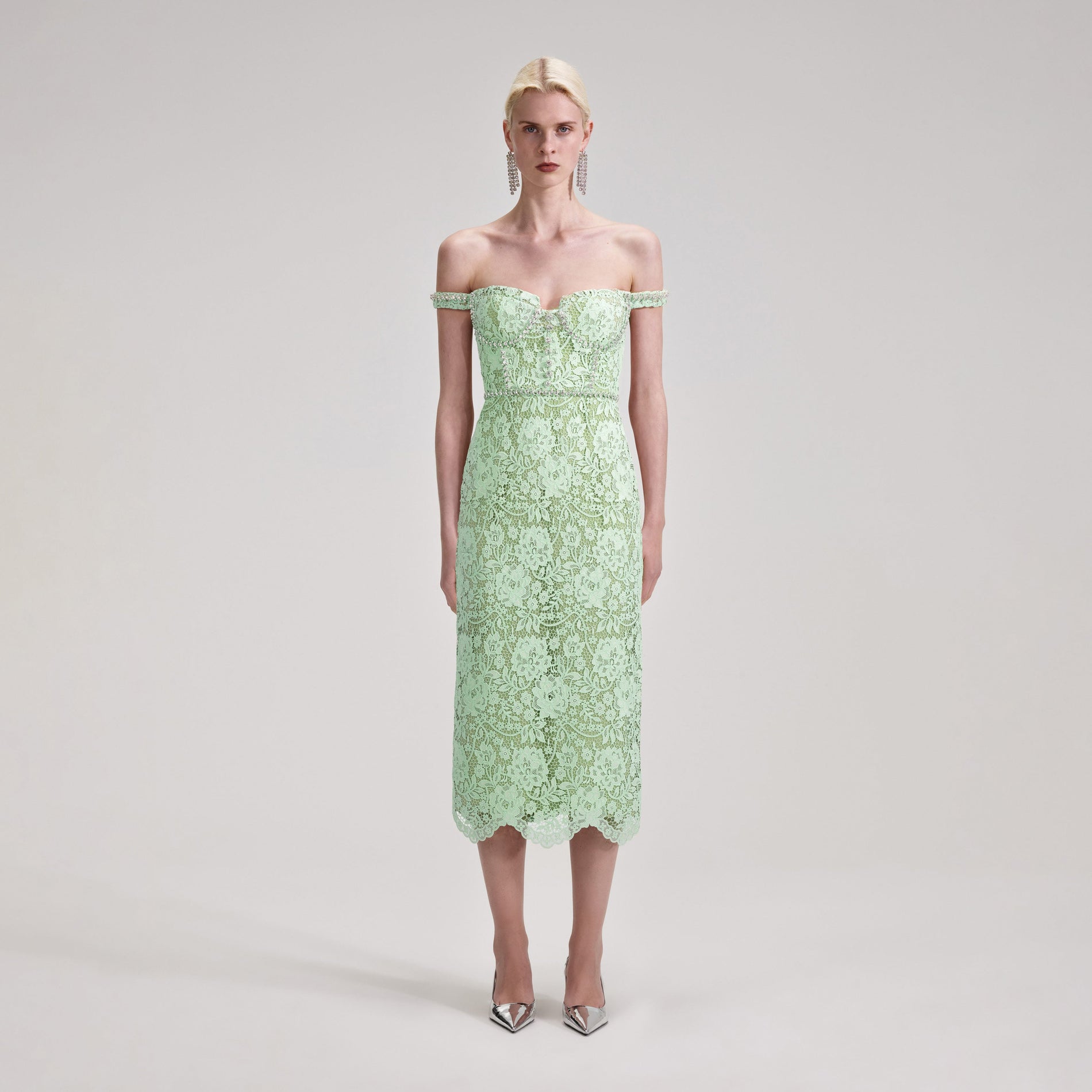 Green Cord Lace Diamante Midi Dress