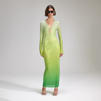 Green Rhinestone Mesh Keyhole Maxi Dress