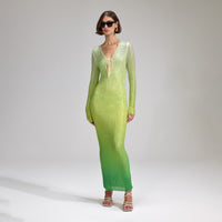 Green Rhinestone Mesh Keyhole Maxi Dress