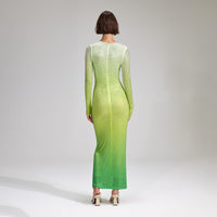 Green Rhinestone Mesh Keyhole Maxi Dress