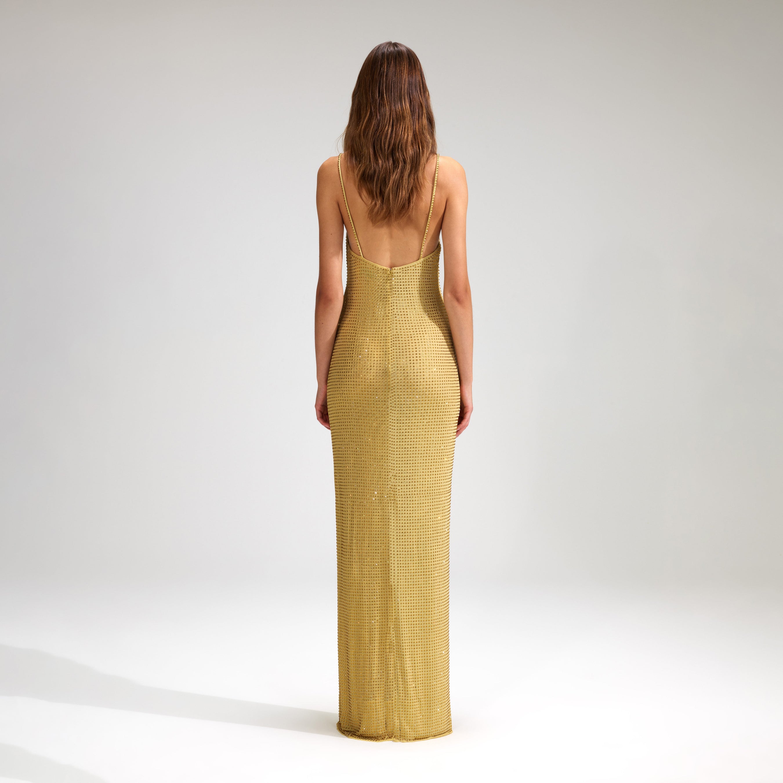 Yellow Rhinestone Mesh Maxi Dress