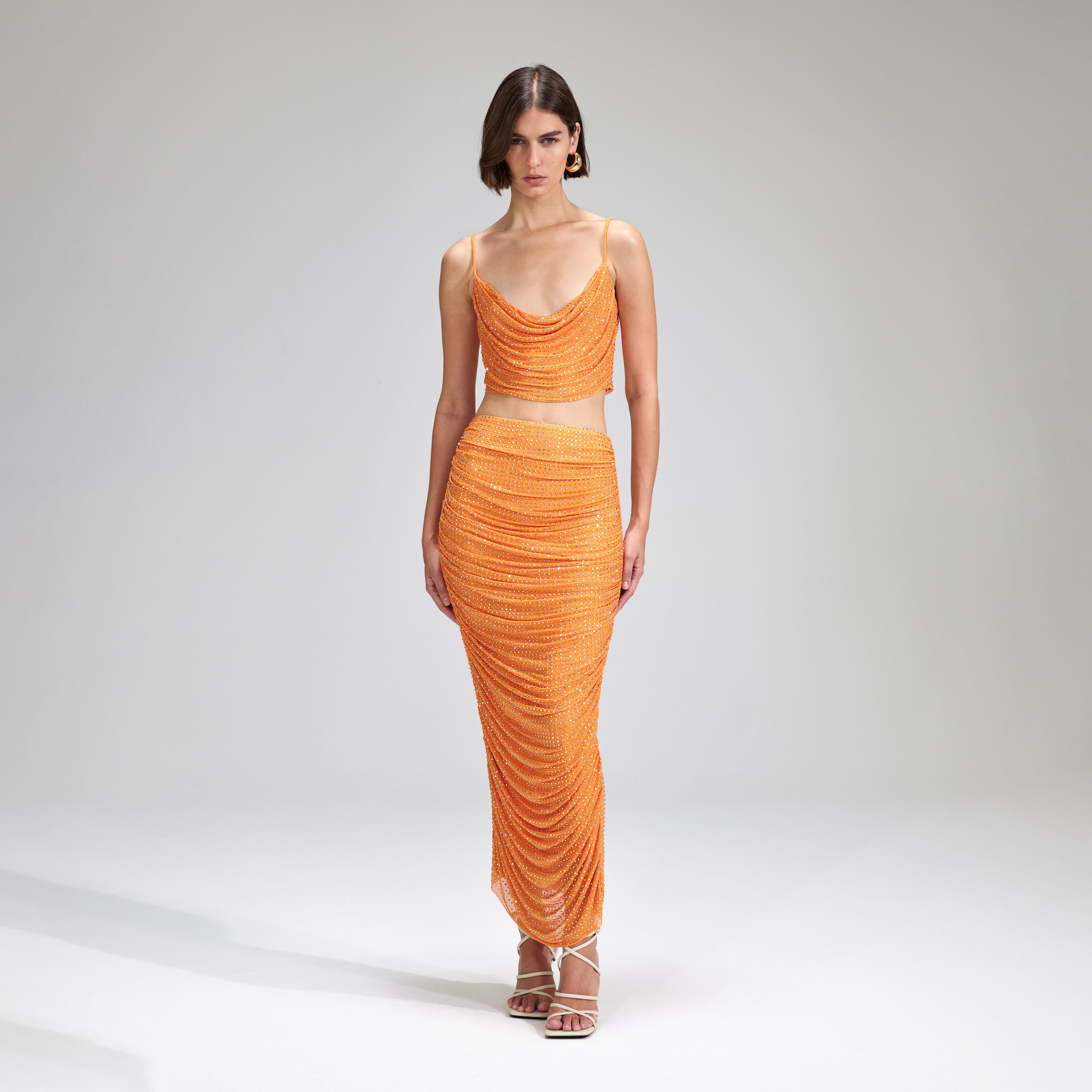 Orange Rhinestone Mesh Top