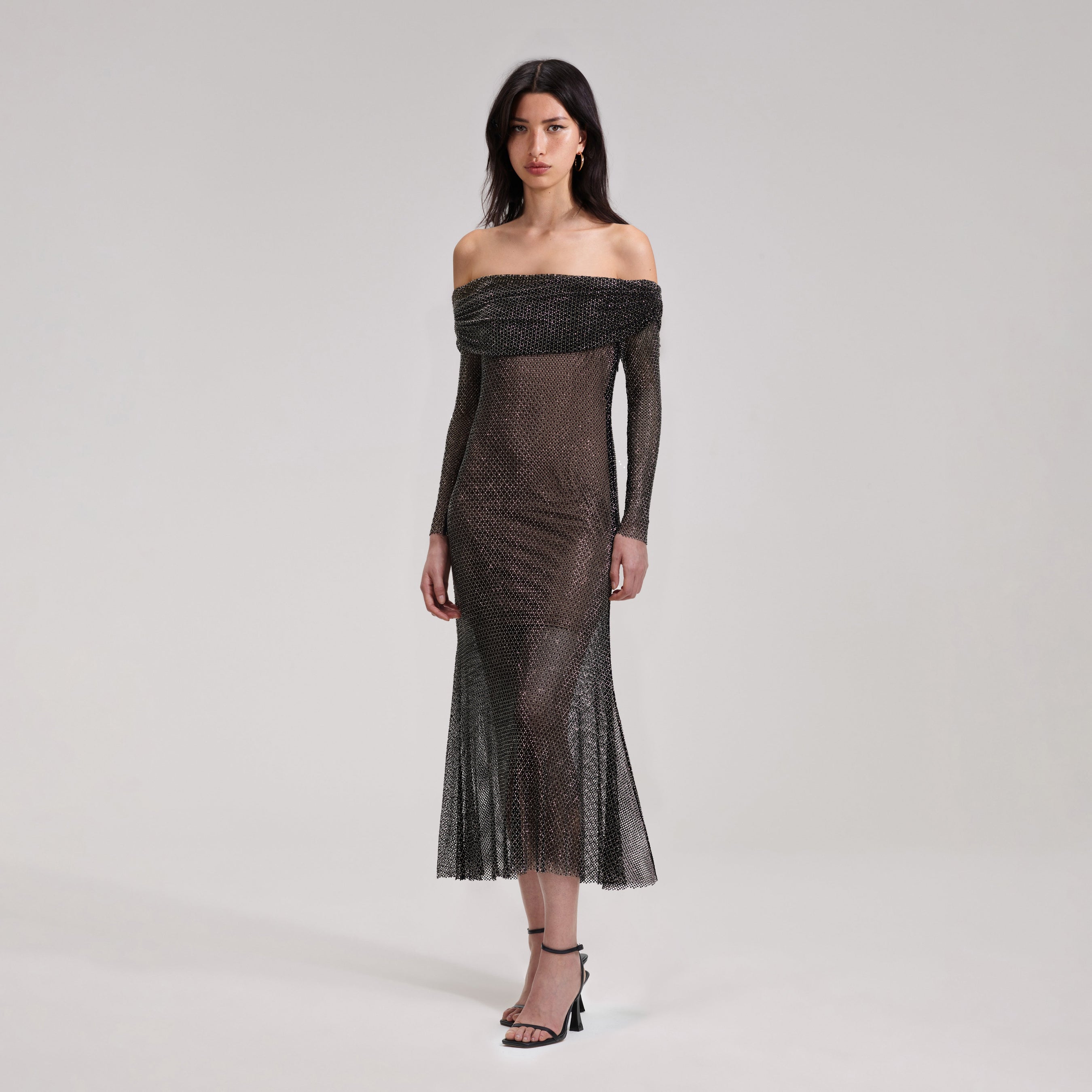 Black Rhinestone Fishnet Midi Dress