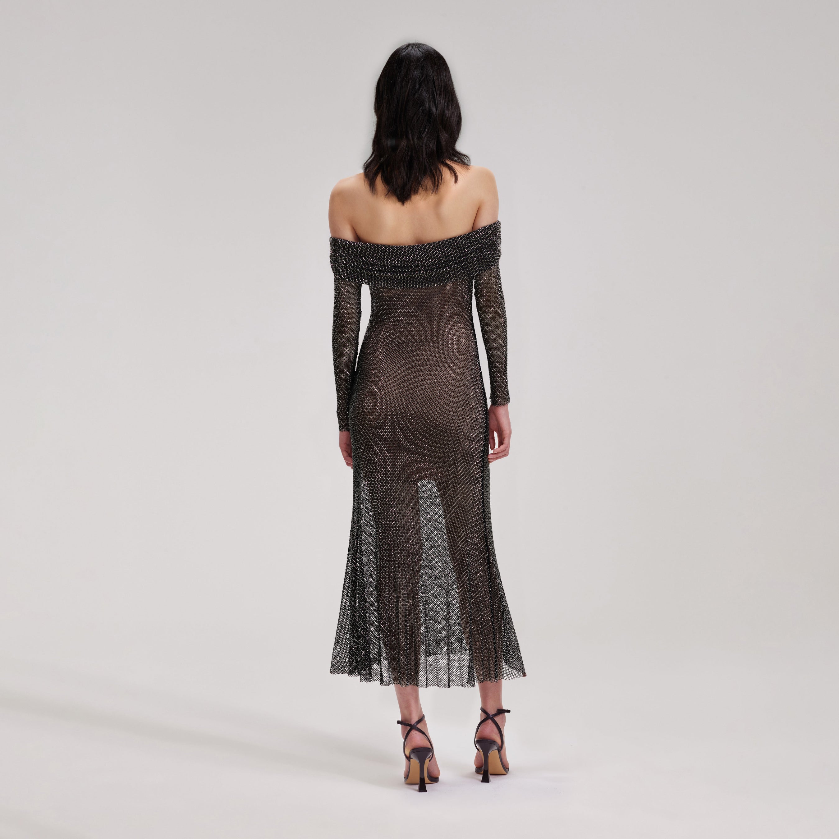 Black Rhinestone Fishnet Midi Dress