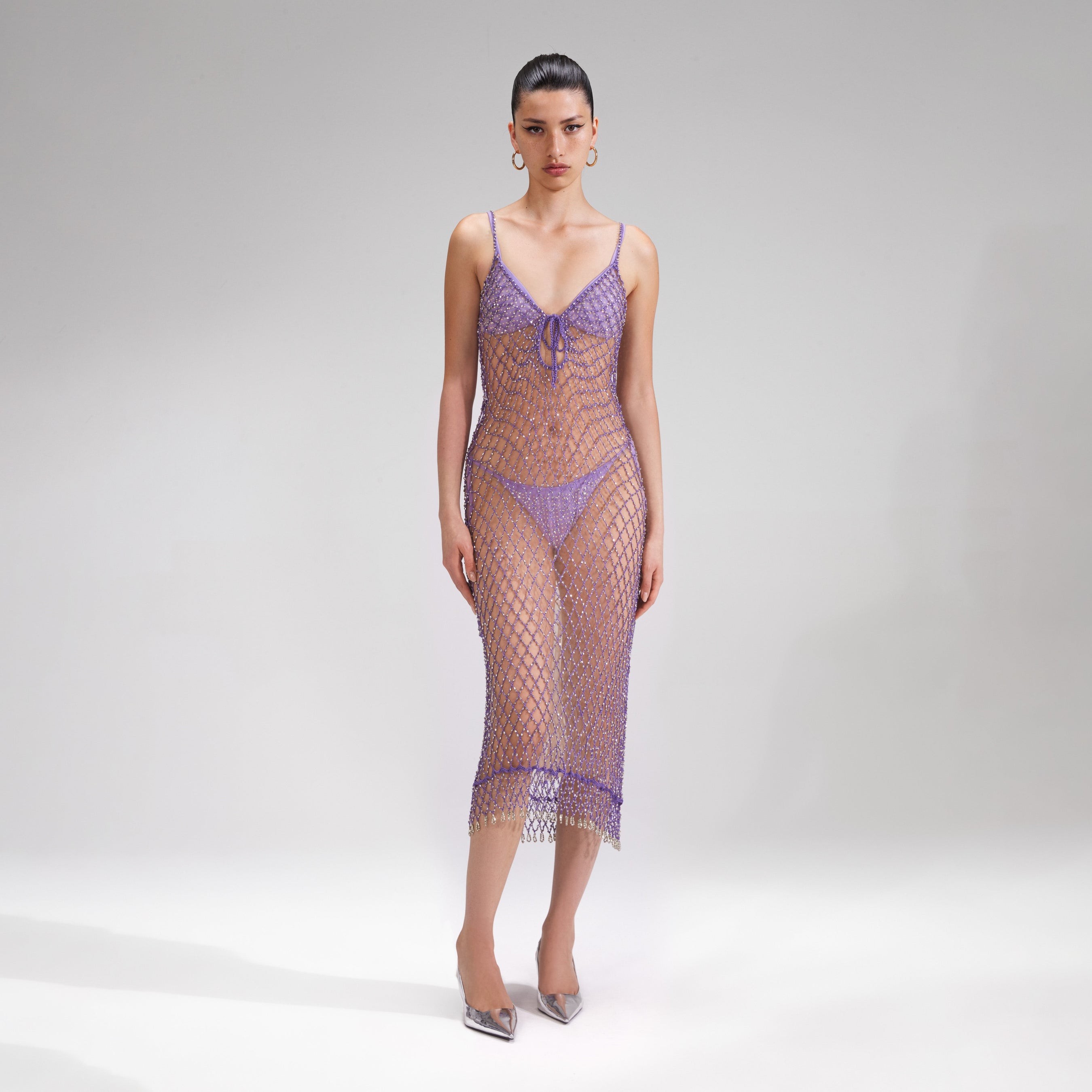 Purple Beaded Fishnet Midi Dress