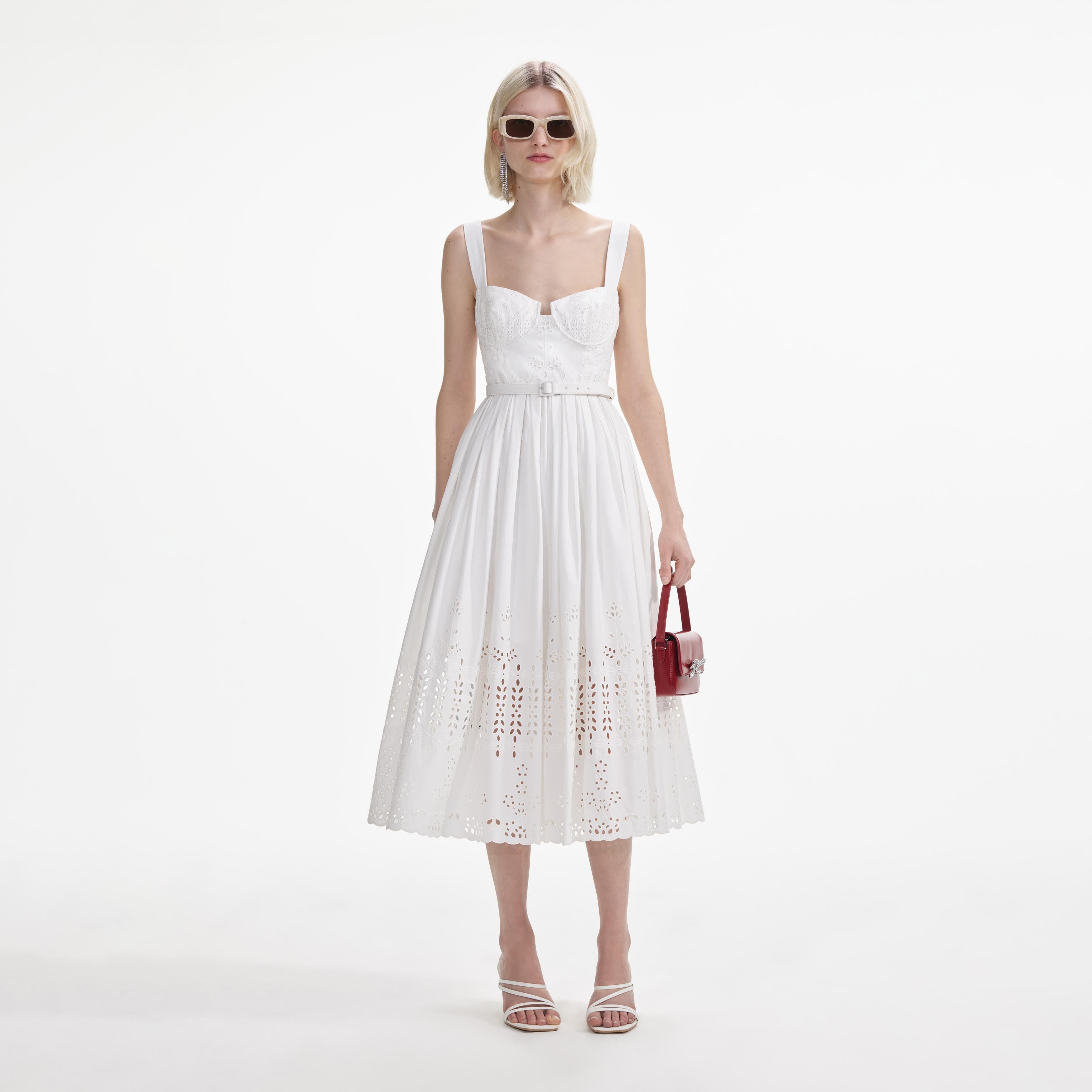 White Cotton Broderie Belted Midi Dress