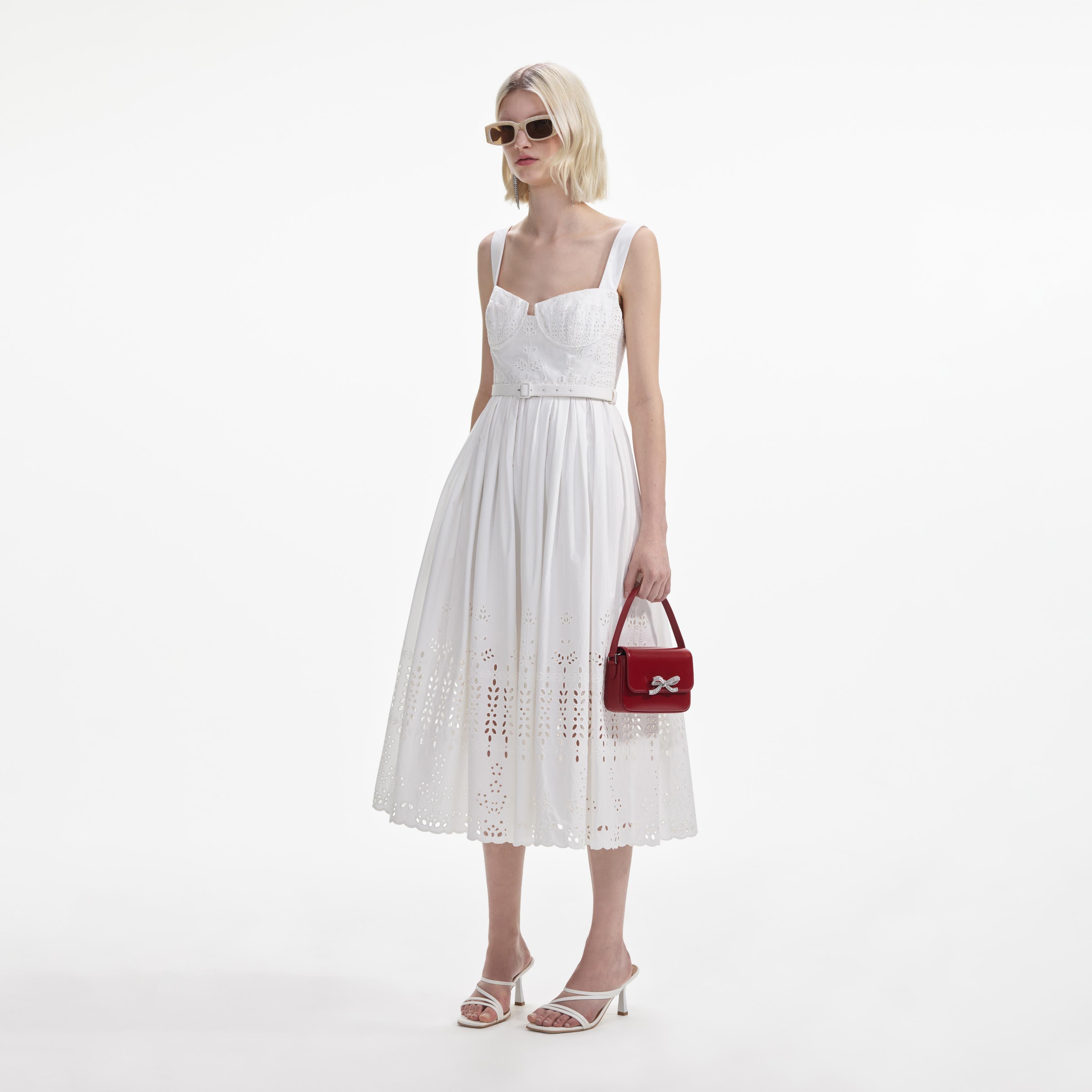 White Cotton Broderie Belted Midi Dress
