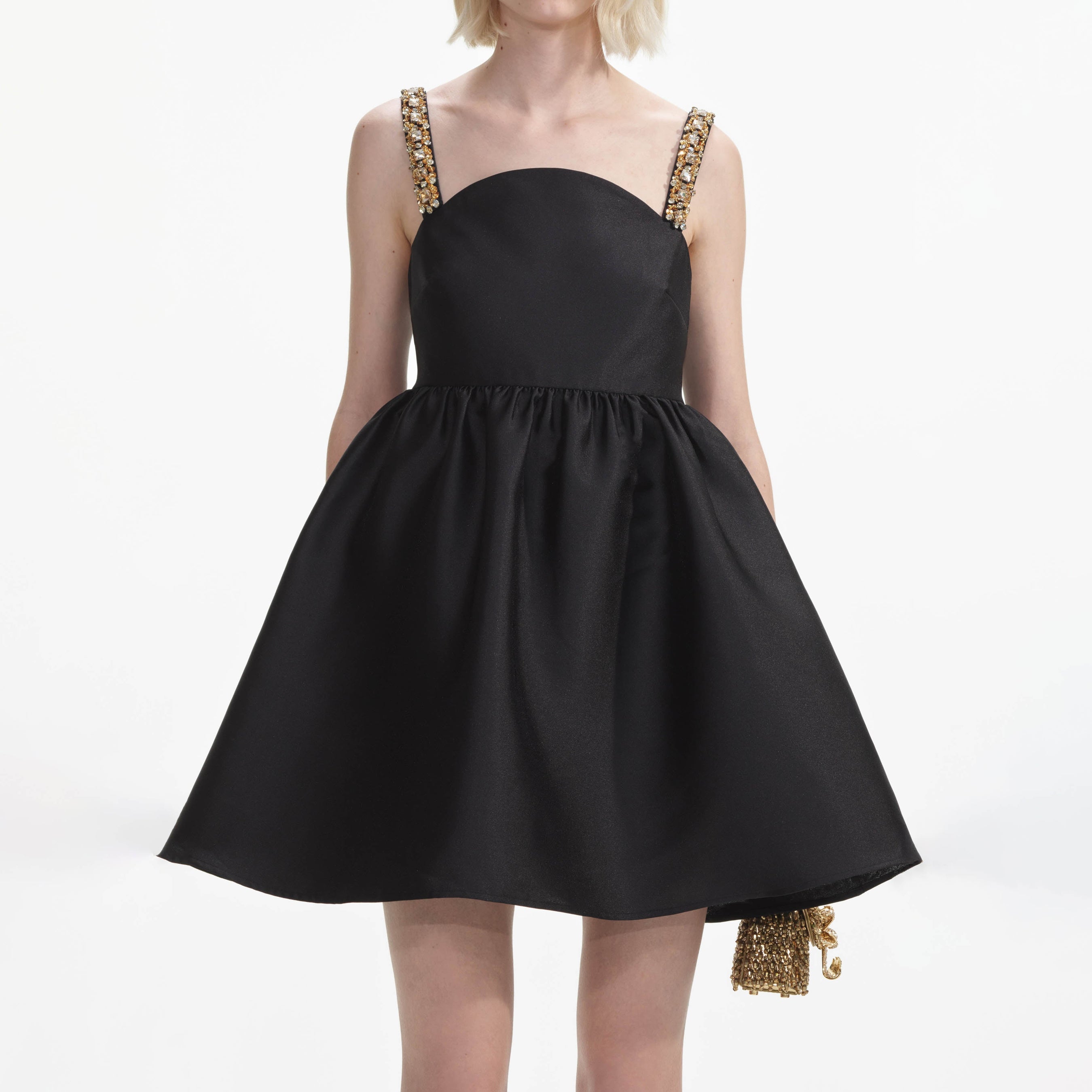 Black Taffeta Embellished Mini Dress