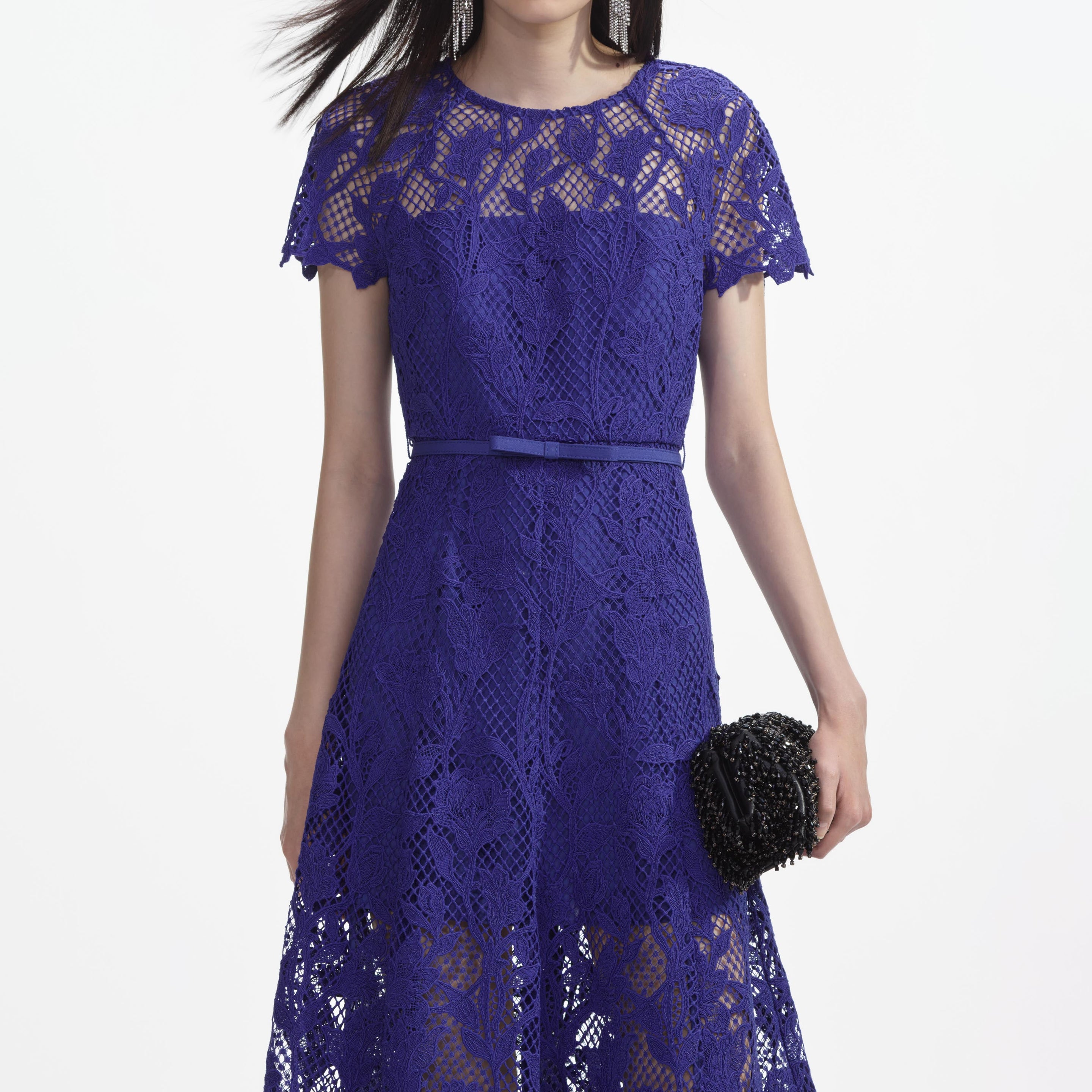 cobalt blue lace dress Short Royal Blue Lace Homecoming Dress | Short Prom Dress with Long Sleeves