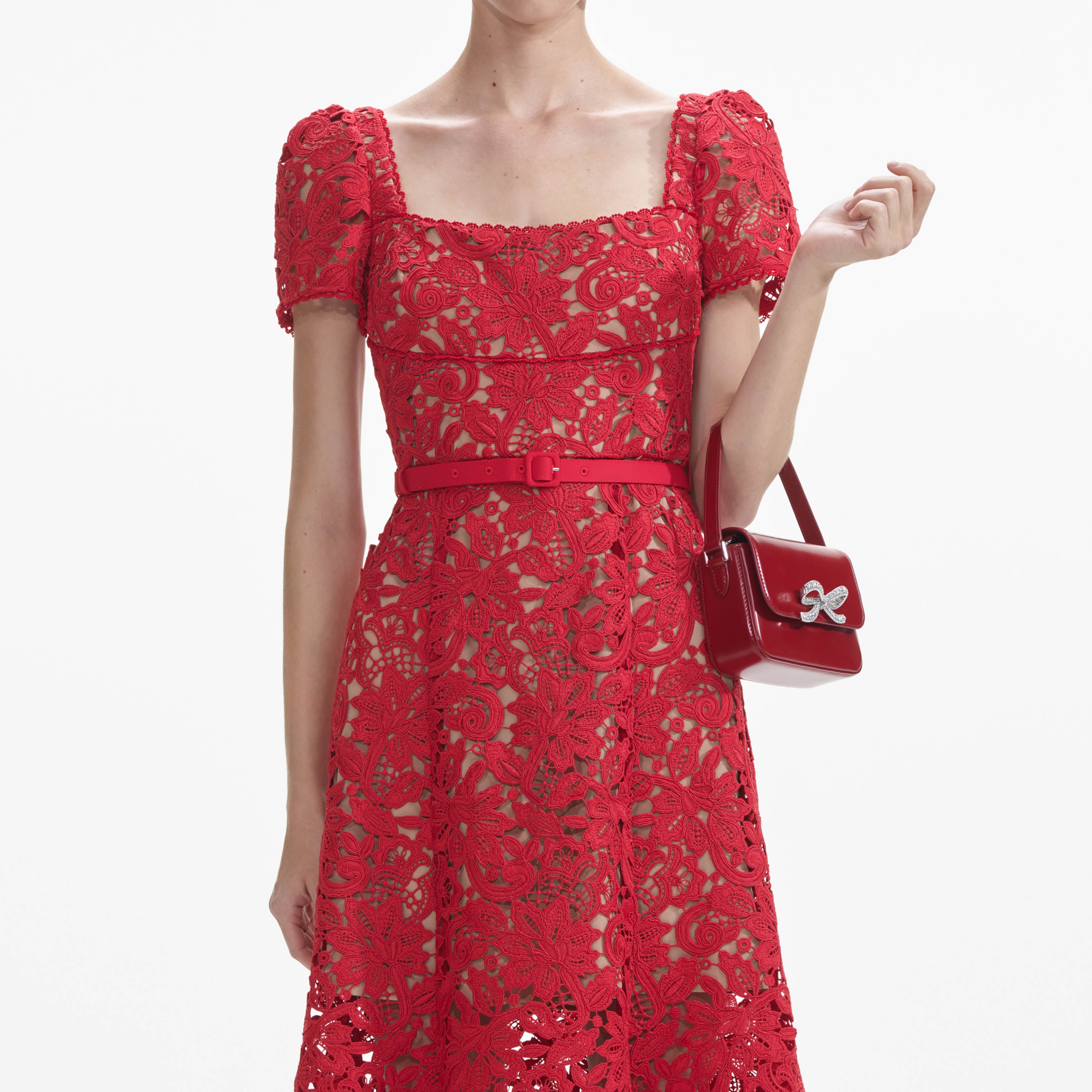 Alexis - floral lace on sale midi dress scallop hem netting short-sleeve cocktail red