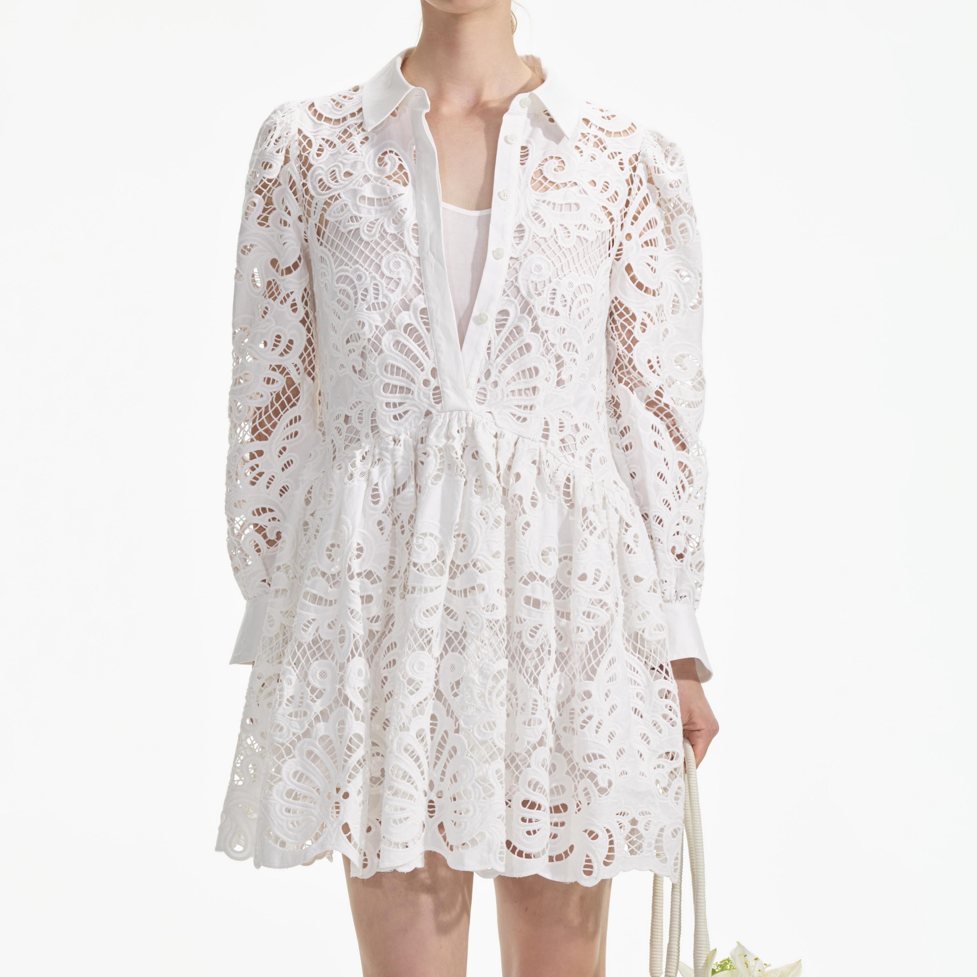 White Cotton Lace Mini Shirt Dress – self-portrait-US