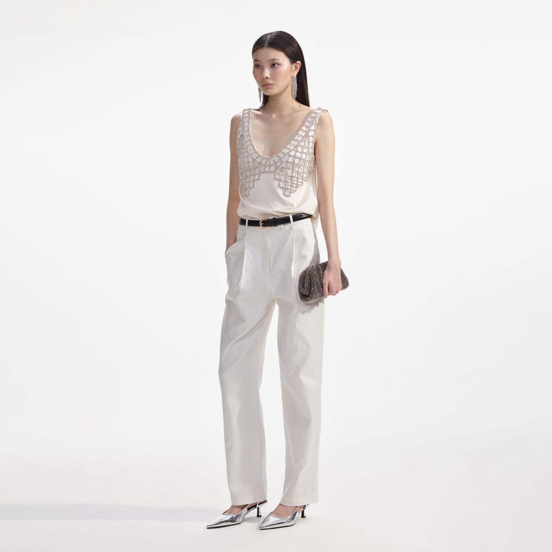 Side view of a woman wearing the Cream Satin Diamante Bralette Top