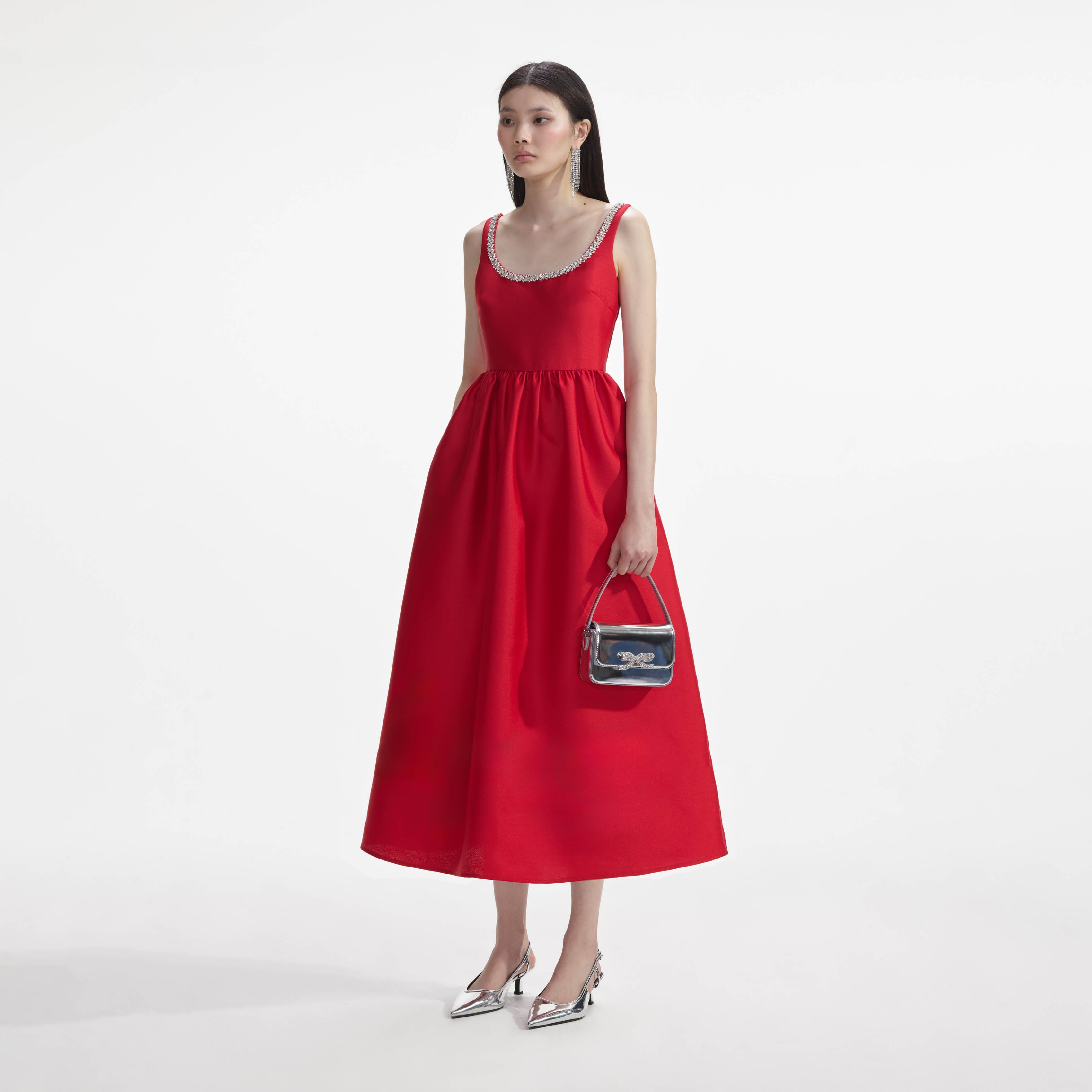 Red Taffeta Diamante Midi Dress – self-portrait-US