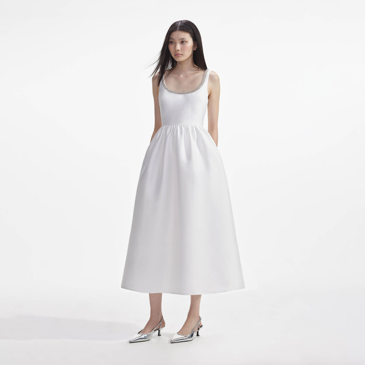 self portrait white taffeta puff sleeve midi dress self-portrait - White Taffeta Diamante Midi Dress