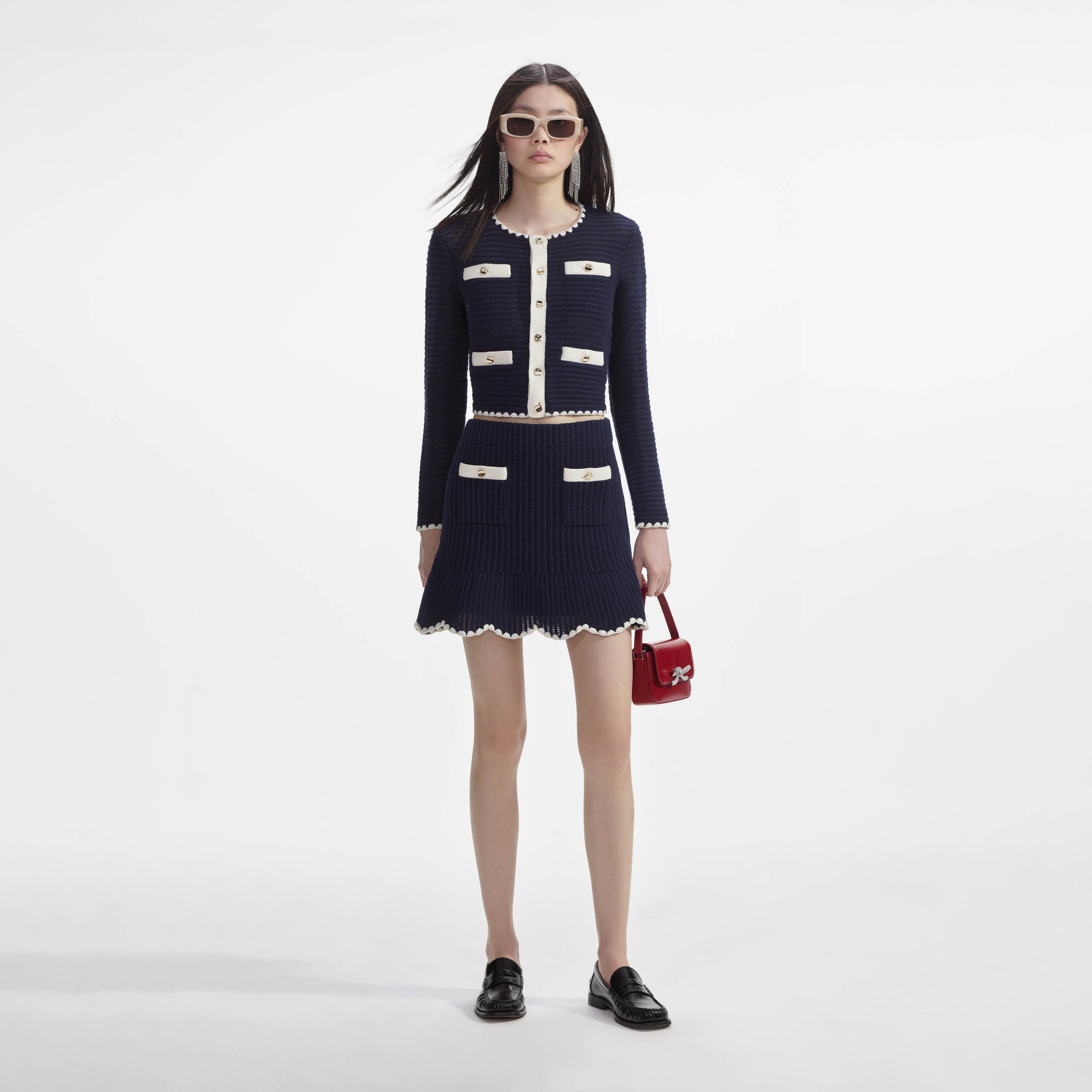 Navy Crochet Contrast Trim Mini Skirt – self-portrait-US