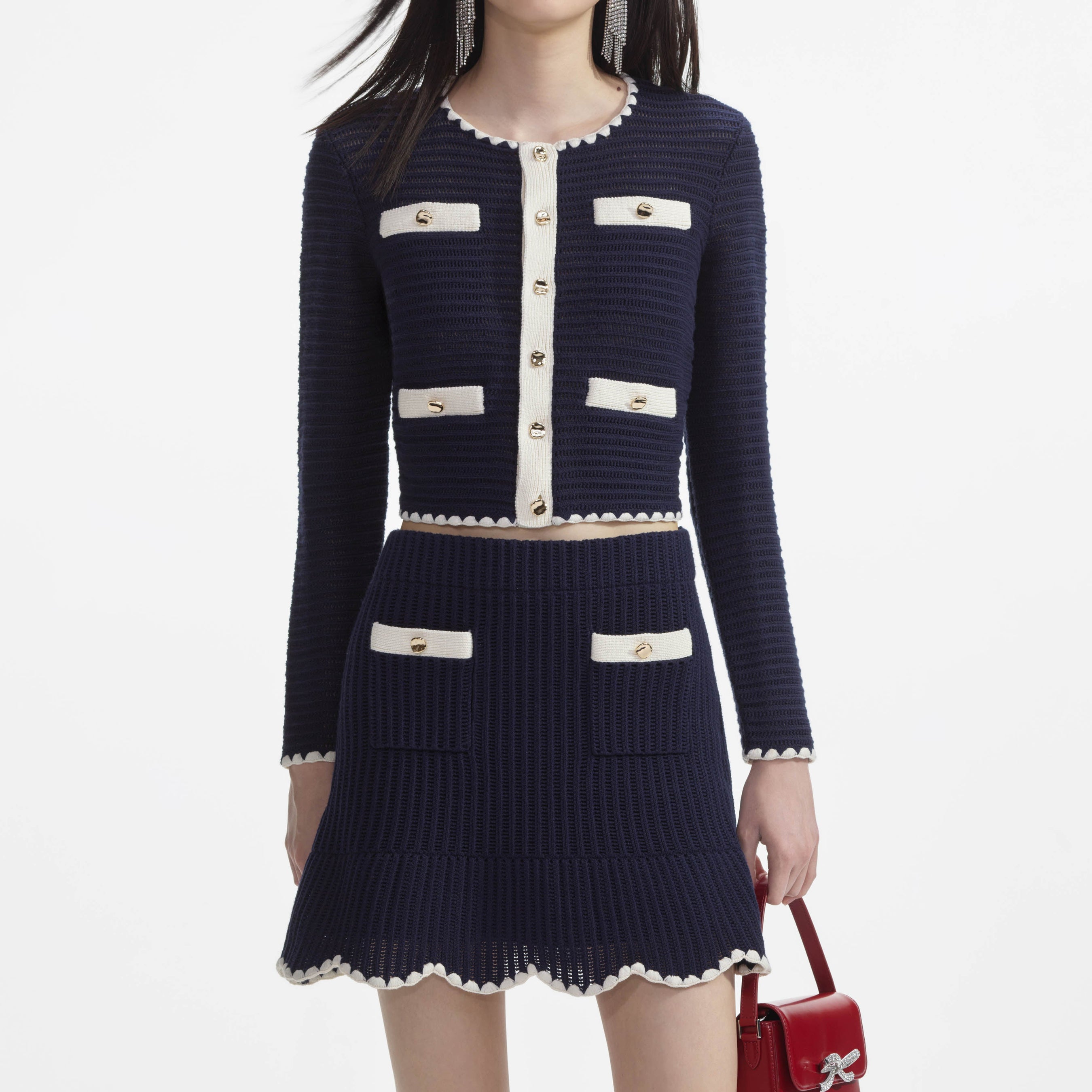 Navy Crochet Contrast Trim Mini Skirt