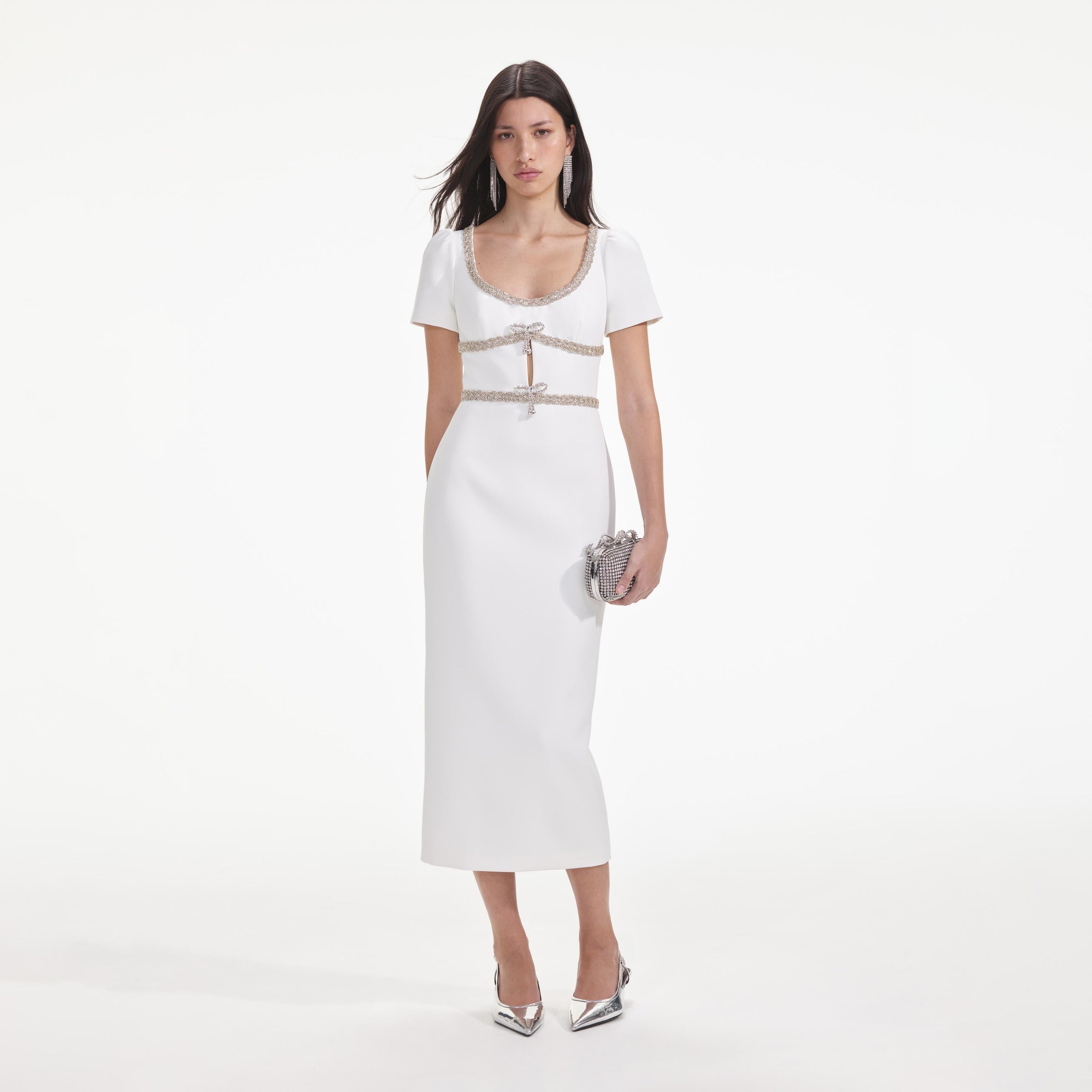White Diamante Bow Trim Midi Dress – self-portrait-US