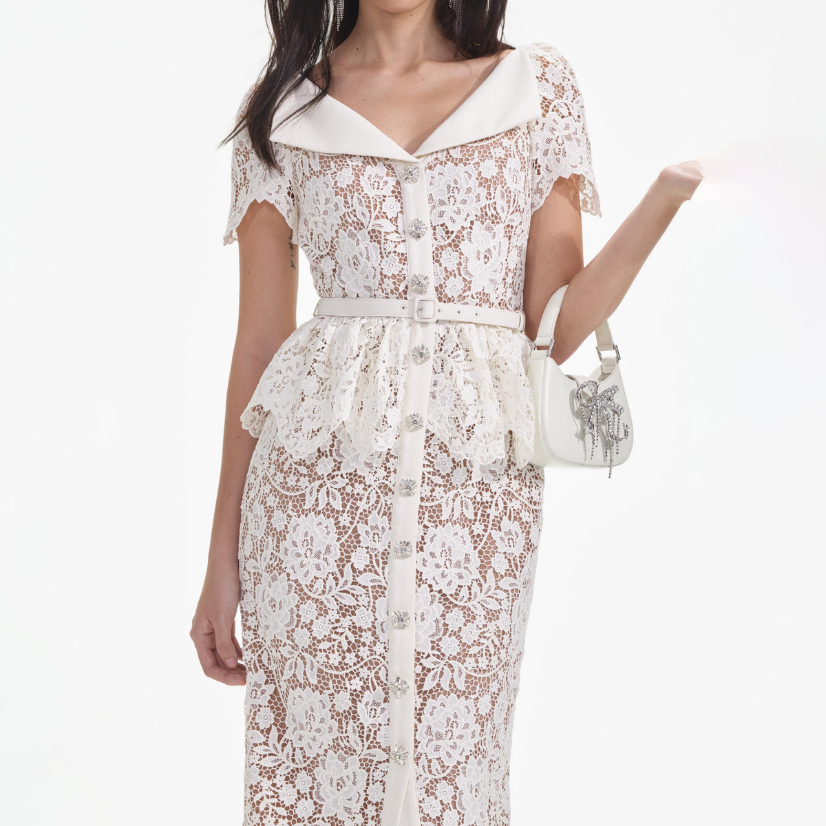 self-portrait - Cream Lace Peplum Midi Dress